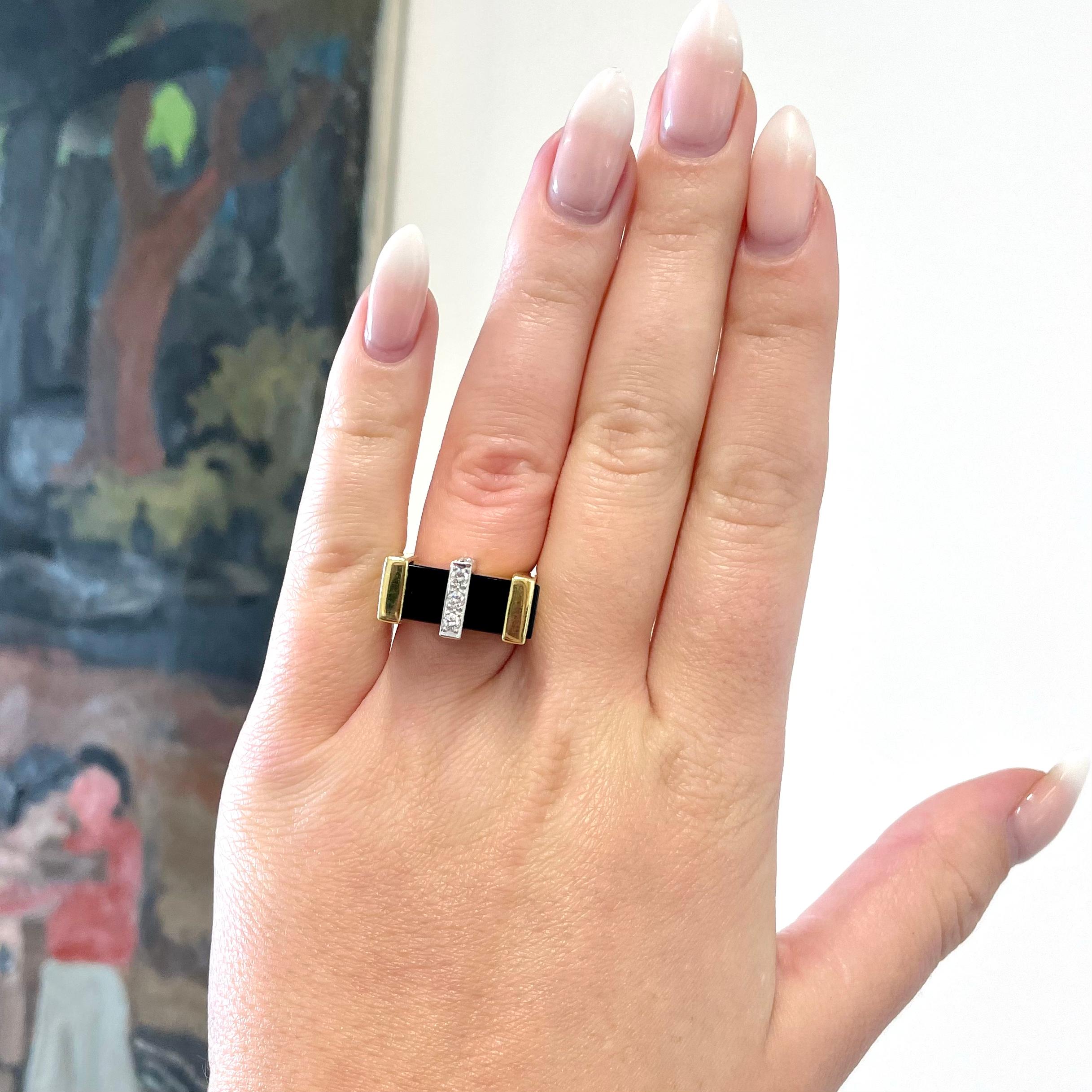 Modern, Cubism and Minimalism are synonymous with the 1970s era. Fewer, but bolder jewelry pieces were popular during that period. Now, this trend is starting to come back. Become the trend-setter with this Vintage Diamond Onyx 18k Gold Brutalist