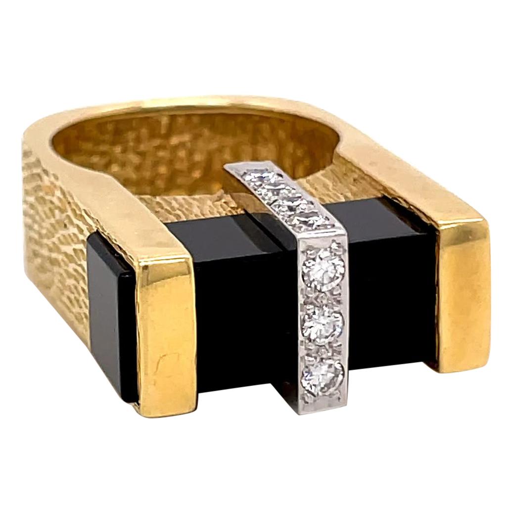 Vintage Diamond Onyx 18 Karat Gold Brutalist Ring