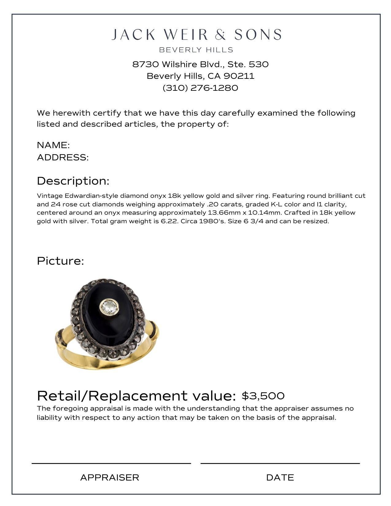 Women's Vintage diamond onyx 18k yellow gold and silver ring For Sale