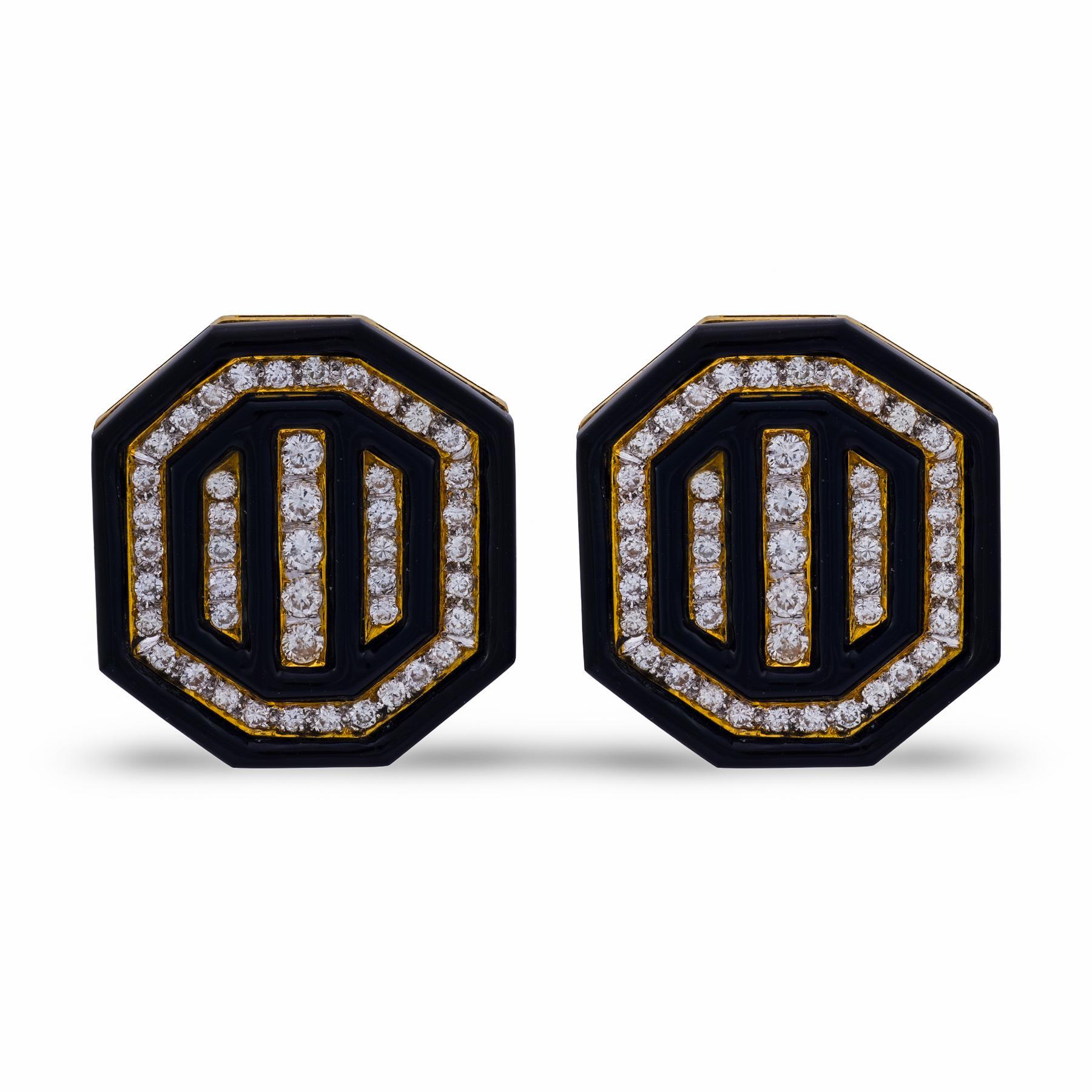 Orecchini a clip d'epoca in oro giallo 18 carati con diamante e onice in vendita 2