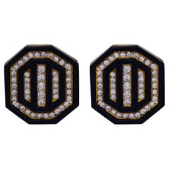 Boucles d
oreilles clips vintage diamant onyx or jaune 18k