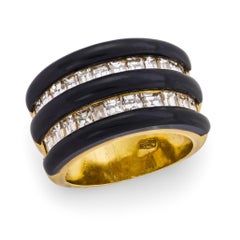Bague de cocktail vintage en or jaune 18k avec diamant et onyx