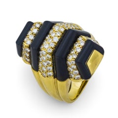 Bague de cocktail vintage en or jaune 18k avec diamant et onyx