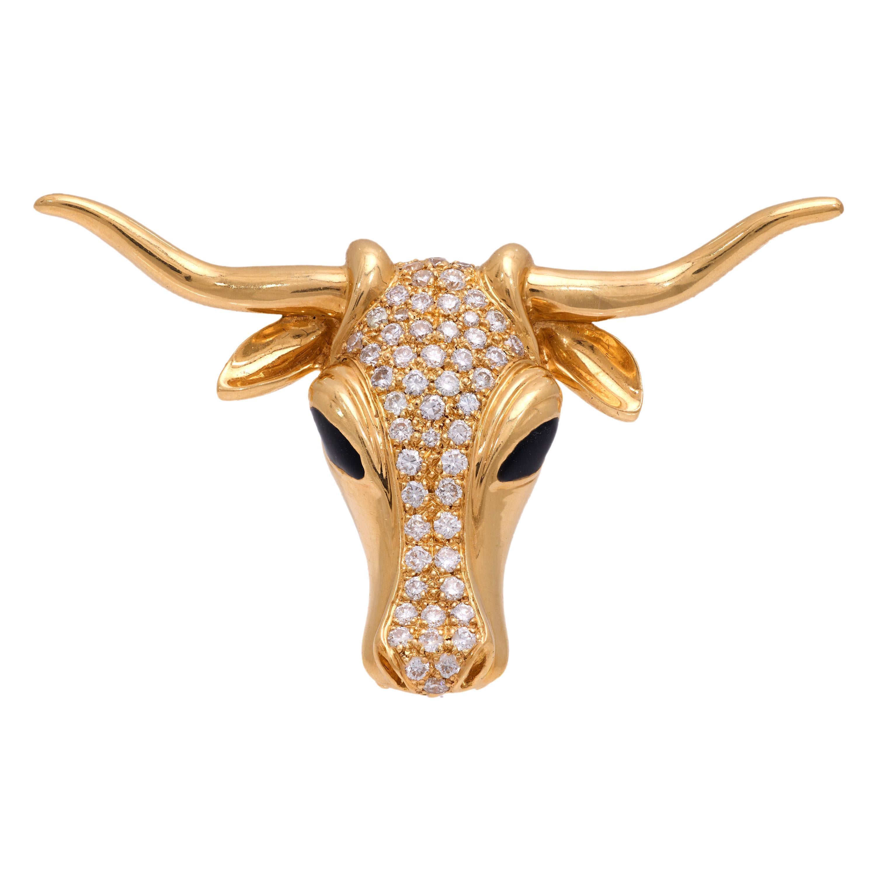 Vintage diamond onyx 18k yellow gold Texas Longhorn brooch