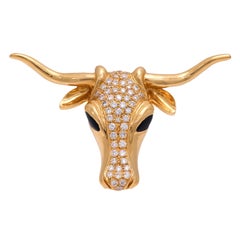 Vintage diamond onyx 18k yellow gold Texas Longhorn brooch