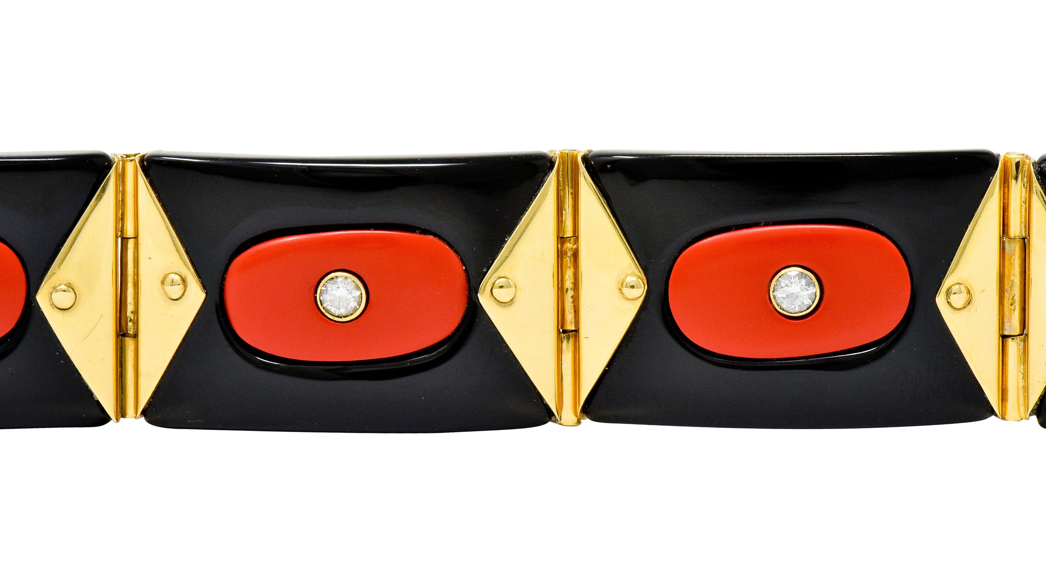 Women's or Men's Vintage Diamond Onyx Red Coral 18 Karat Gold Swiss Geometric Link Bracelet