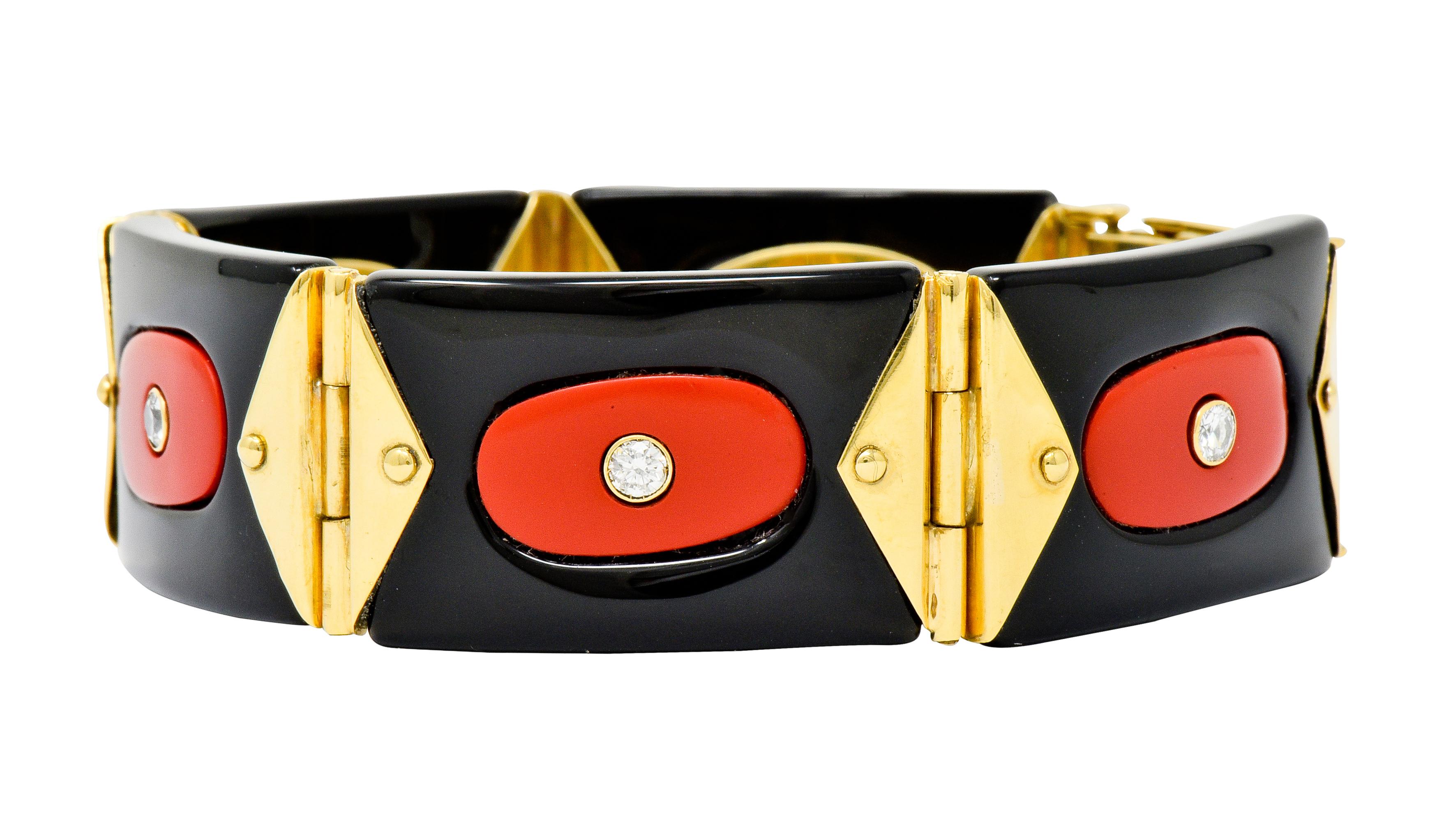Vintage Diamond Onyx Red Coral 18 Karat Gold Swiss Geometric Link Bracelet 2