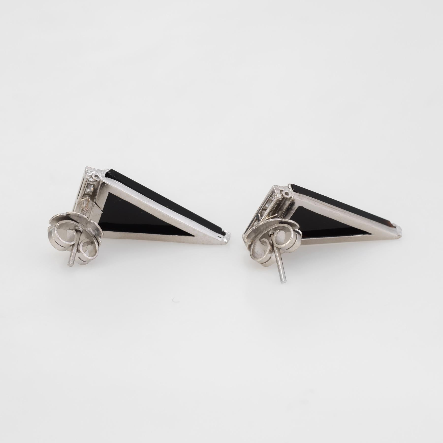 Vintage Diamond Onyx Triangle Earrings Platinum Estate Fine Jewelry Statement In Excellent Condition In Torrance, CA