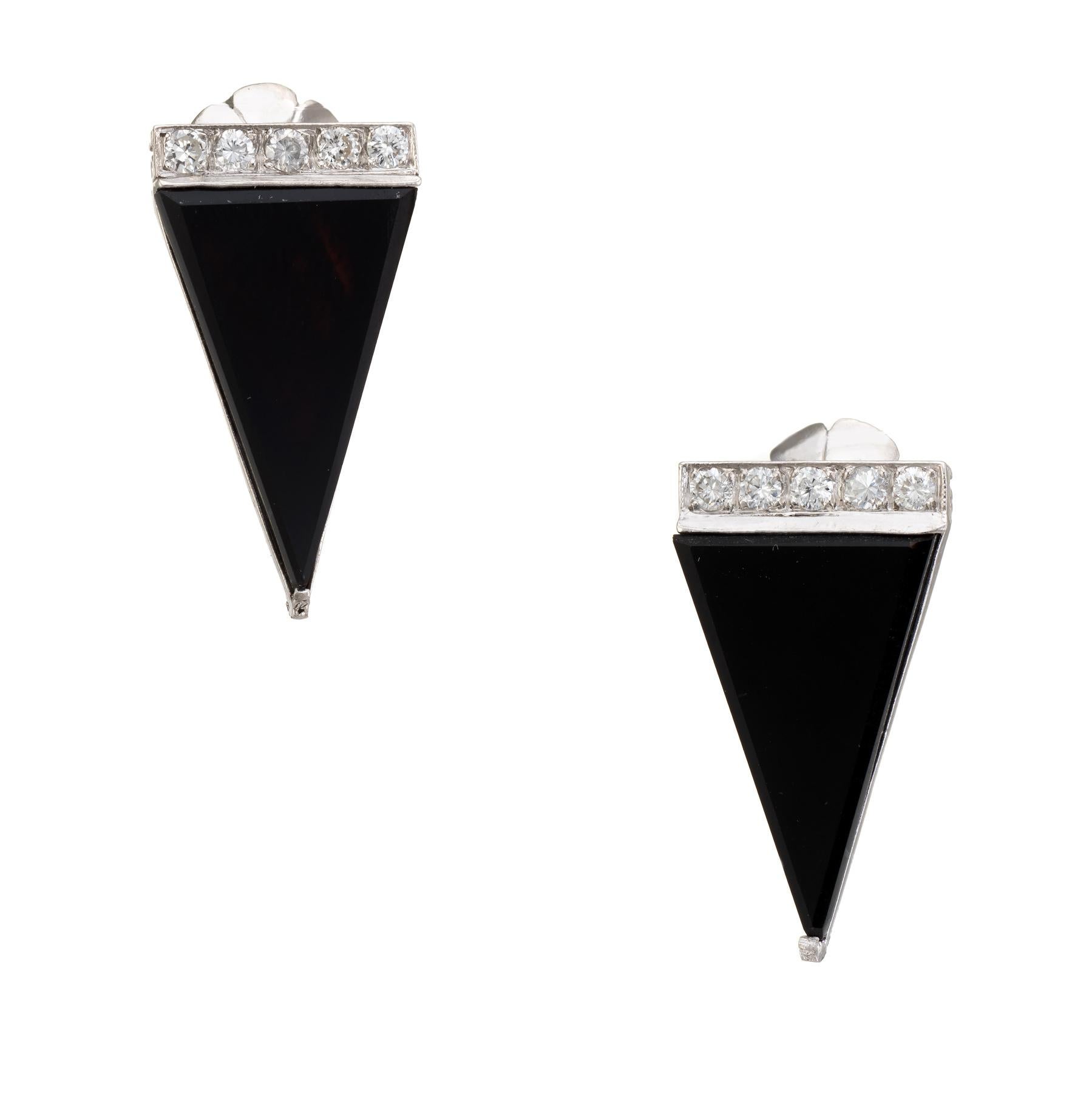 Vintage Diamond Onyx Triangle Earrings Platinum Estate Fine Jewelry Statement