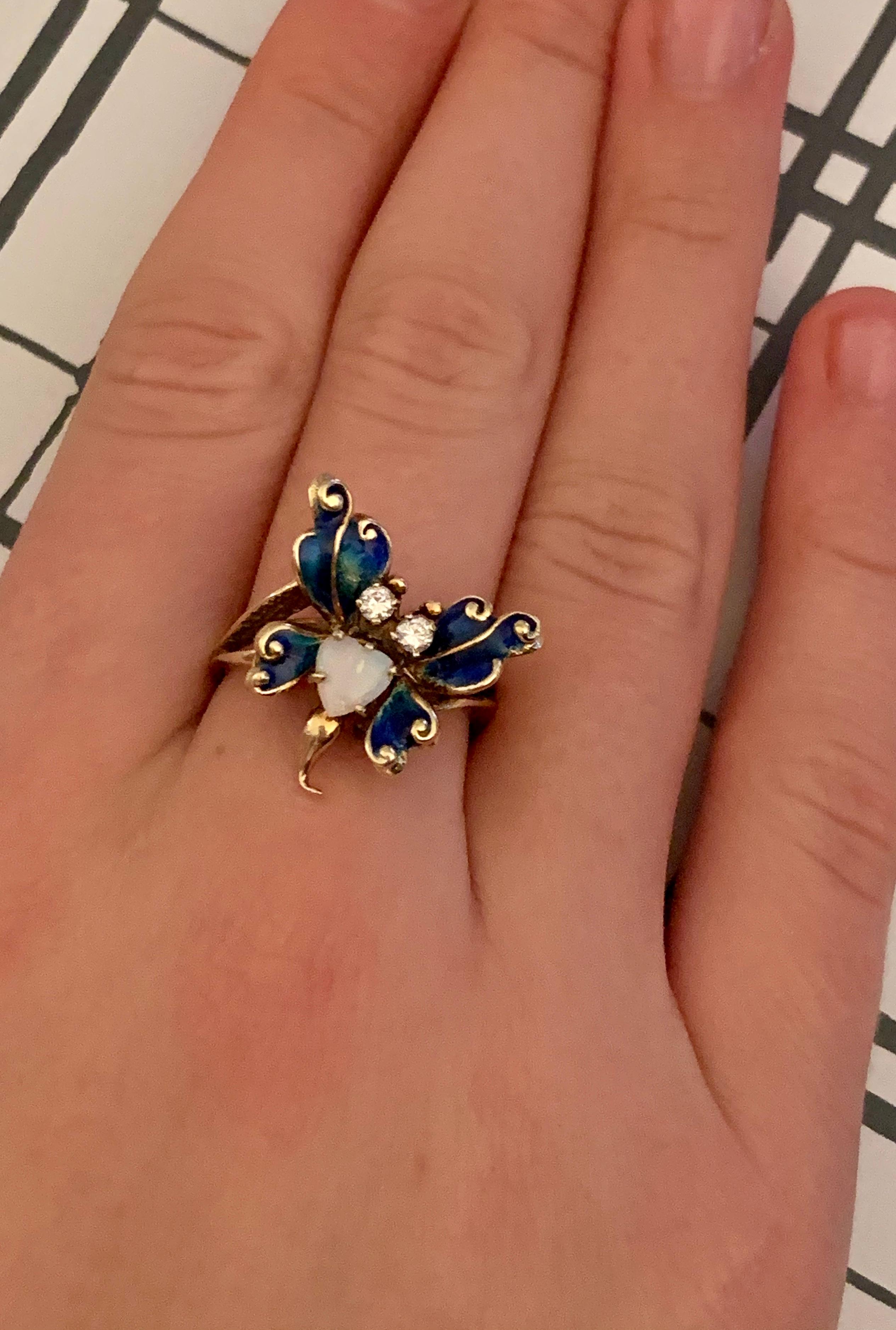 Vintage Diamond, Opal and Enameled Butterfly 14 Karat Yellow Gold Ring 6