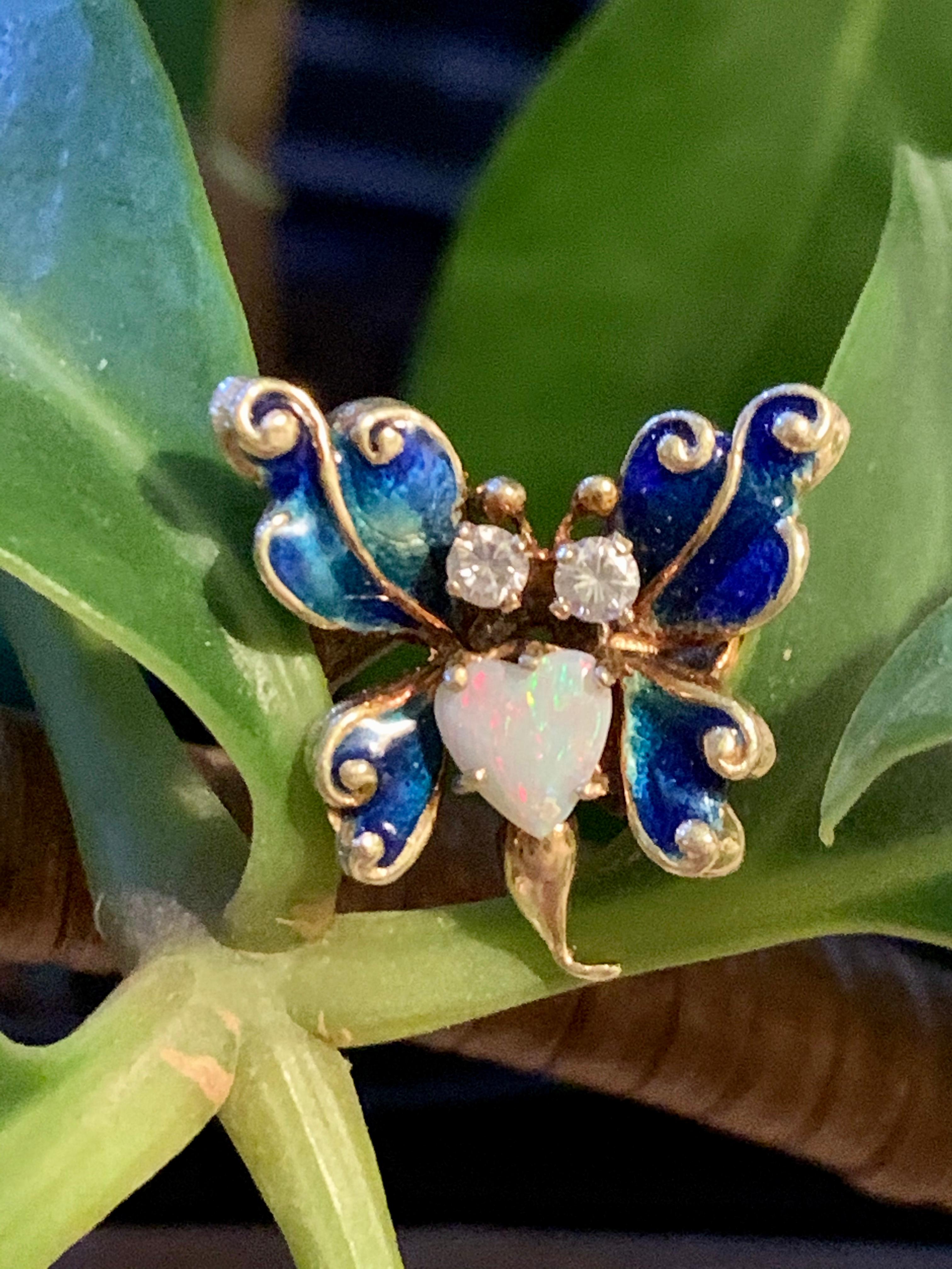 Heart Cut Vintage Diamond, Opal and Enameled Butterfly 14 Karat Yellow Gold Ring