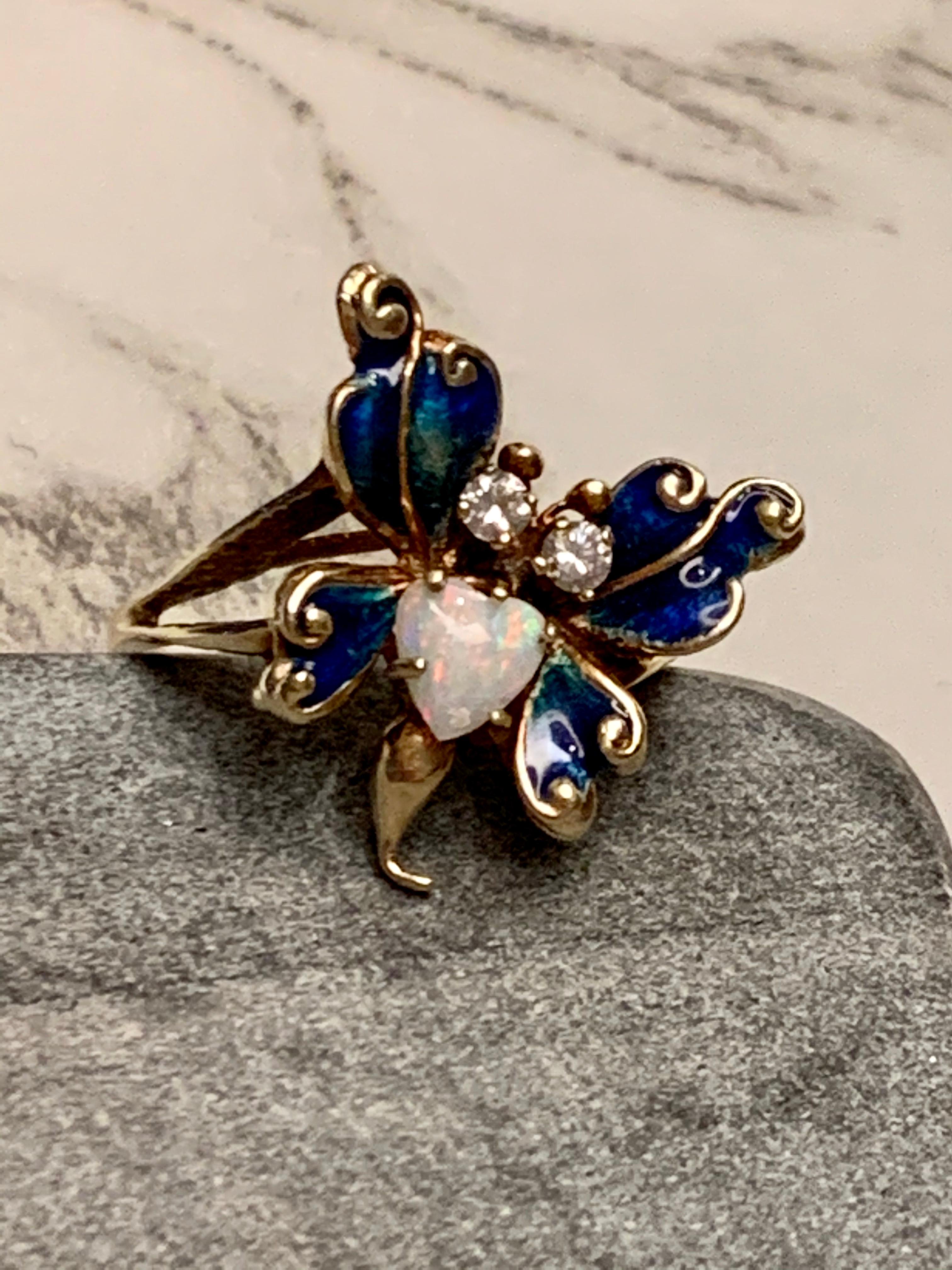 Women's Vintage Diamond, Opal and Enameled Butterfly 14 Karat Yellow Gold Ring