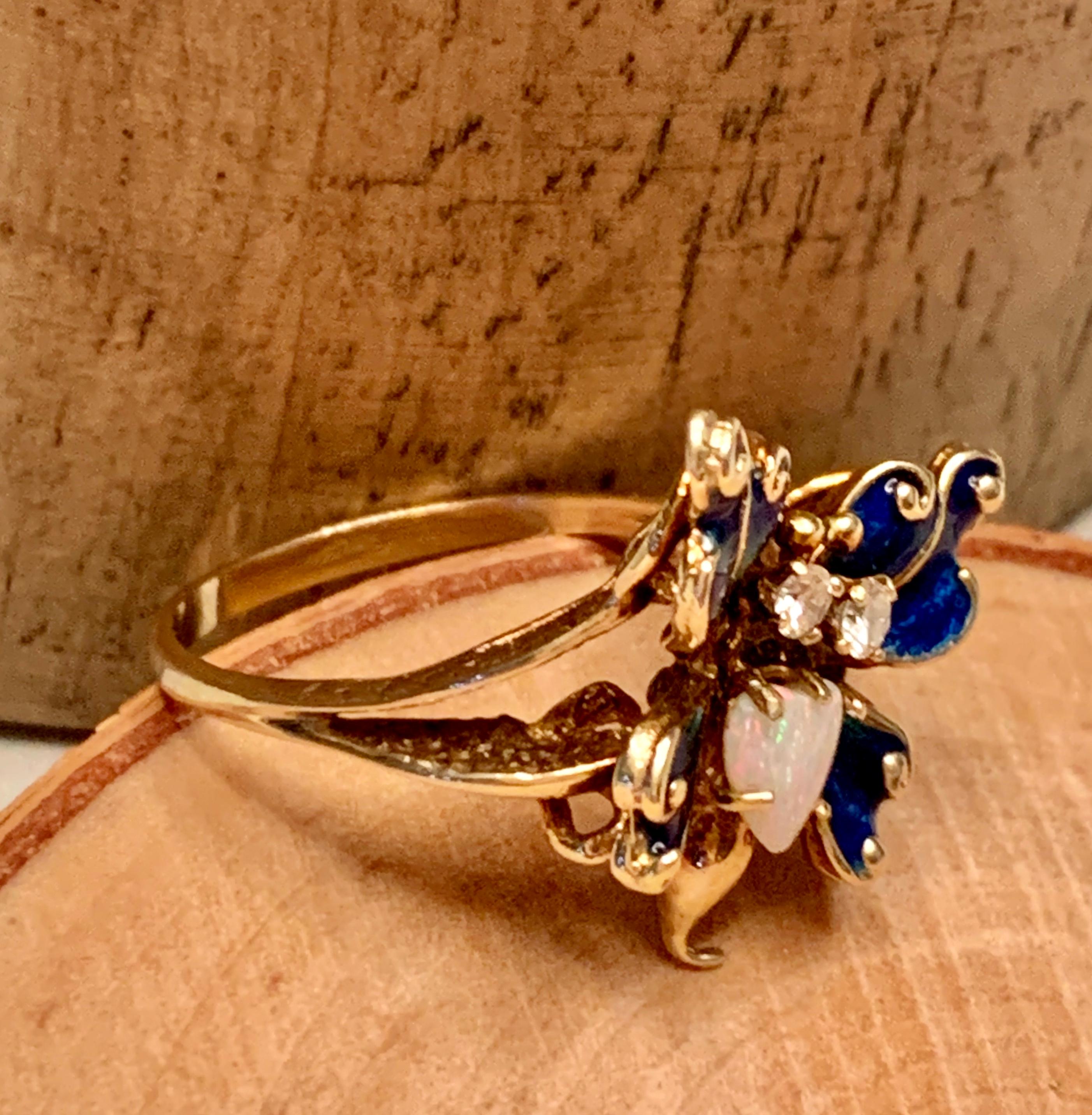 Vintage Diamond, Opal and Enameled Butterfly 14 Karat Yellow Gold Ring 1