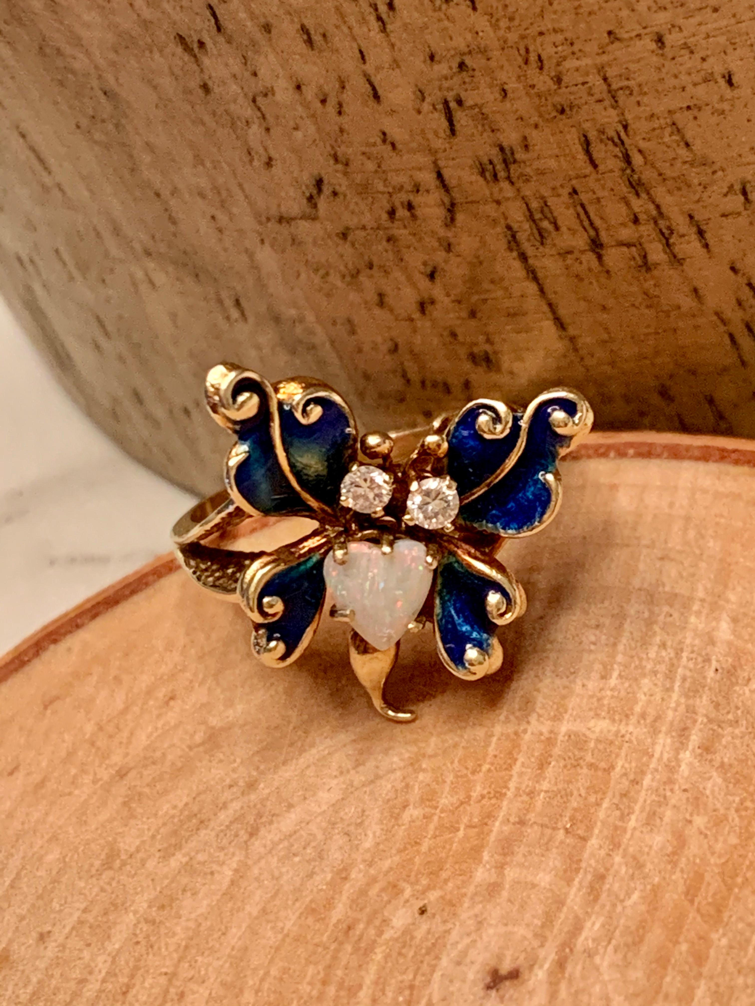 Vintage Diamond, Opal and Enameled Butterfly 14 Karat Yellow Gold Ring 2