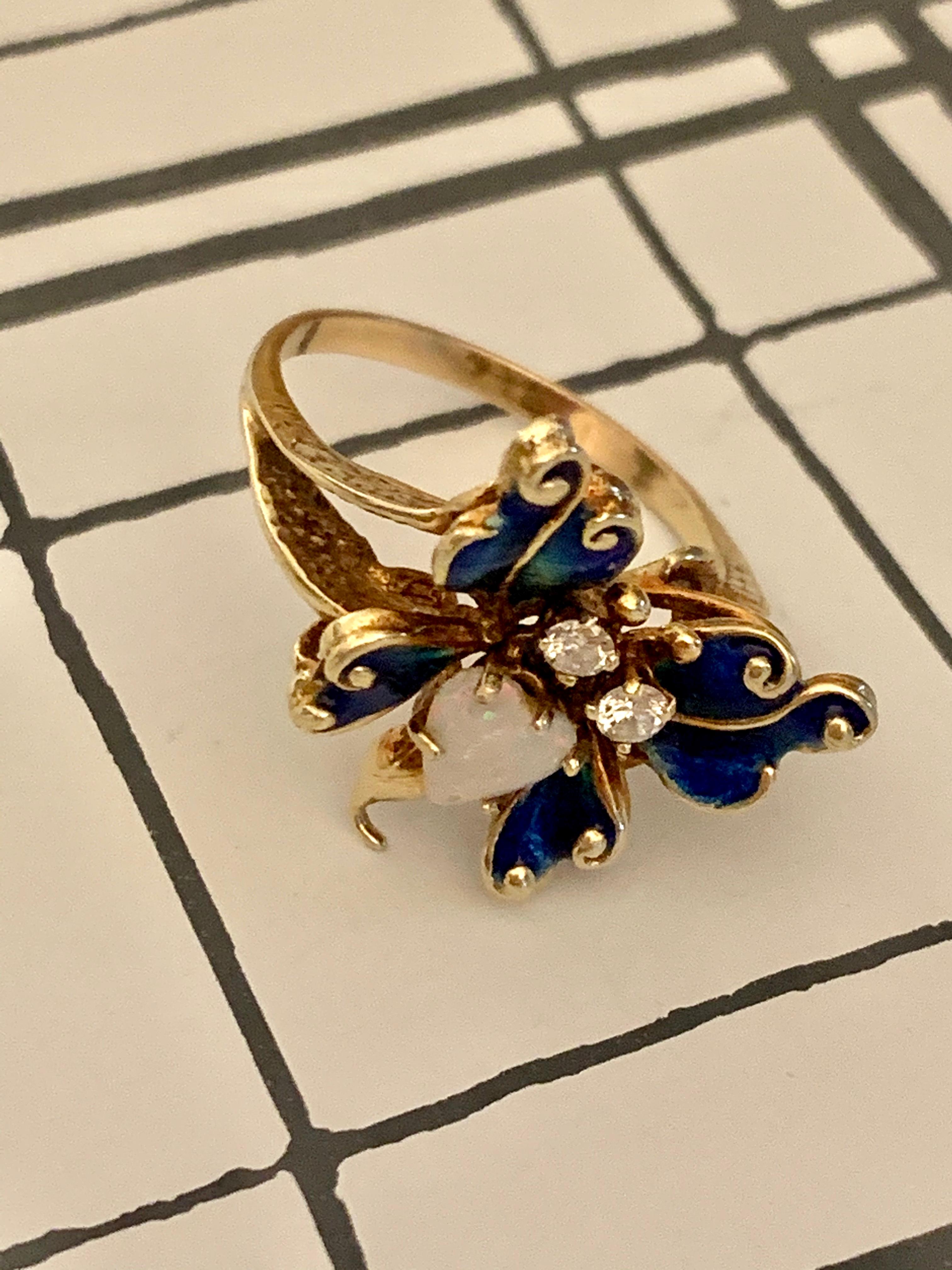 Vintage Diamond, Opal and Enameled Butterfly 14 Karat Yellow Gold Ring 3