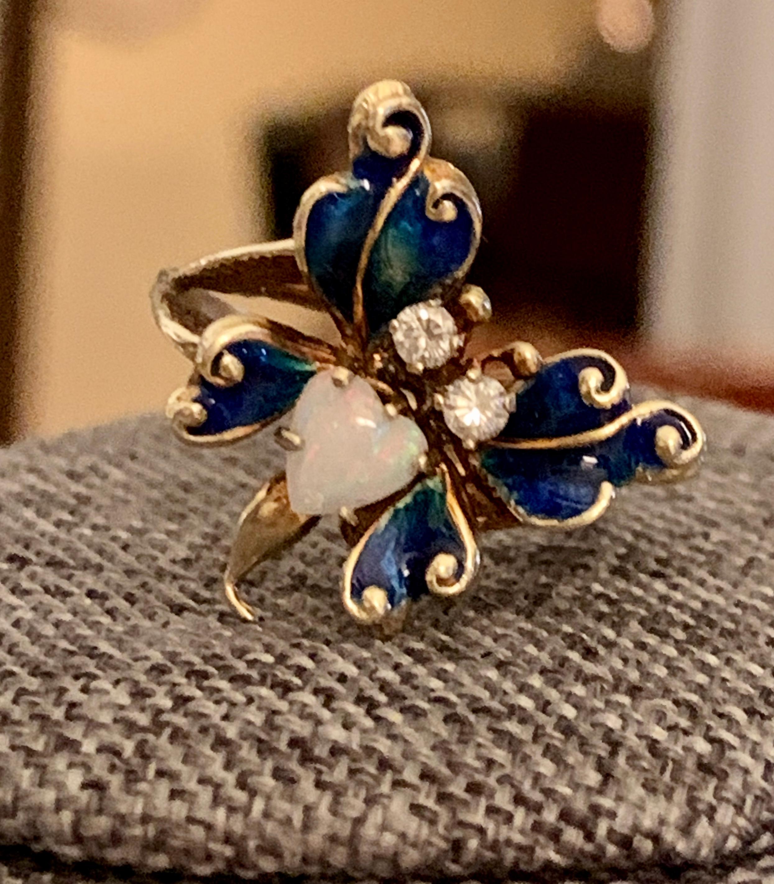 Vintage Diamond, Opal and Enameled Butterfly 14 Karat Yellow Gold Ring 4