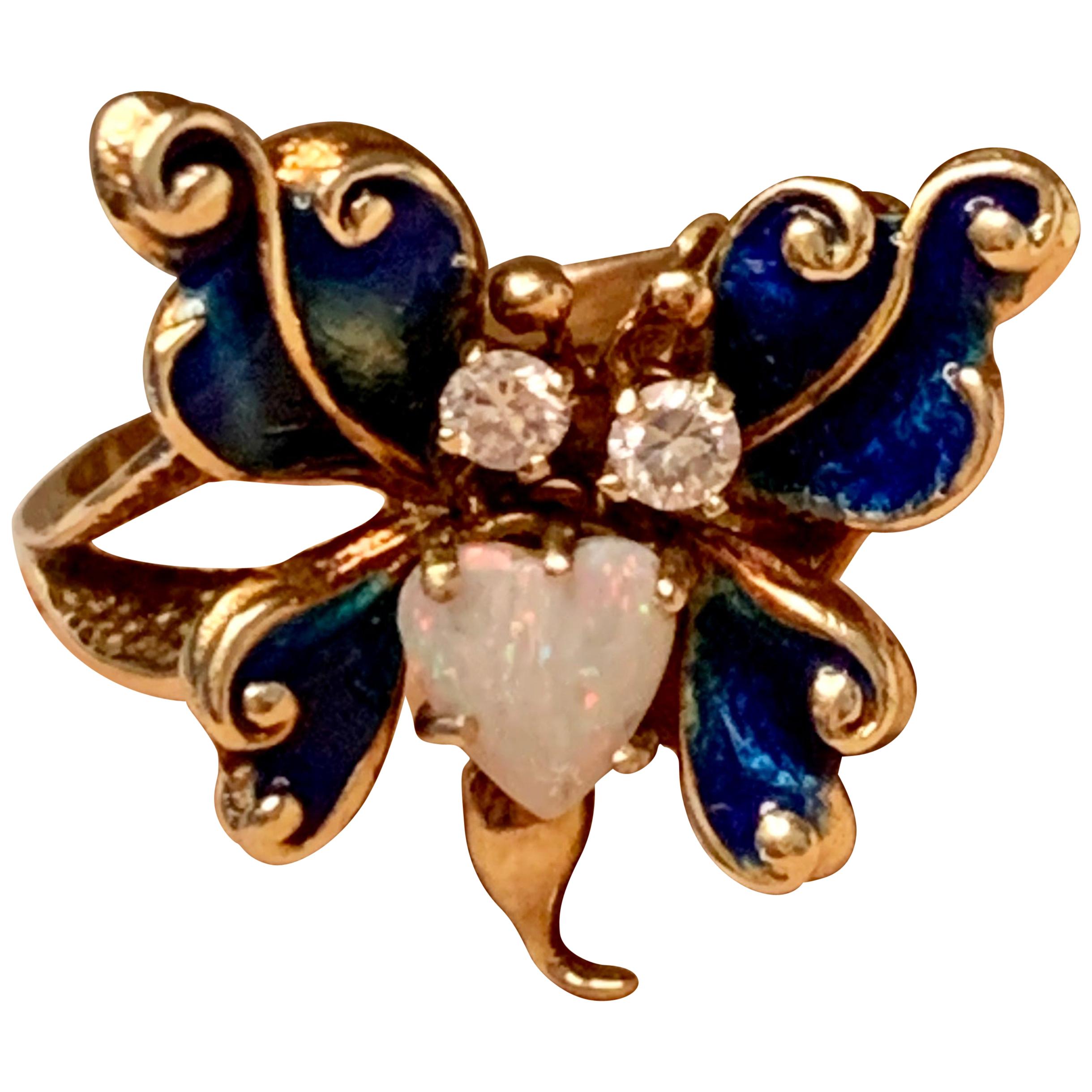 Vintage Diamond, Opal and Enameled Butterfly 14 Karat Yellow Gold Ring