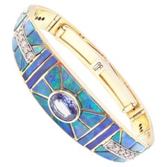 Vintage Diamond Opal Inlay Tanzanite Yellow Gold and Platinum Bracelet