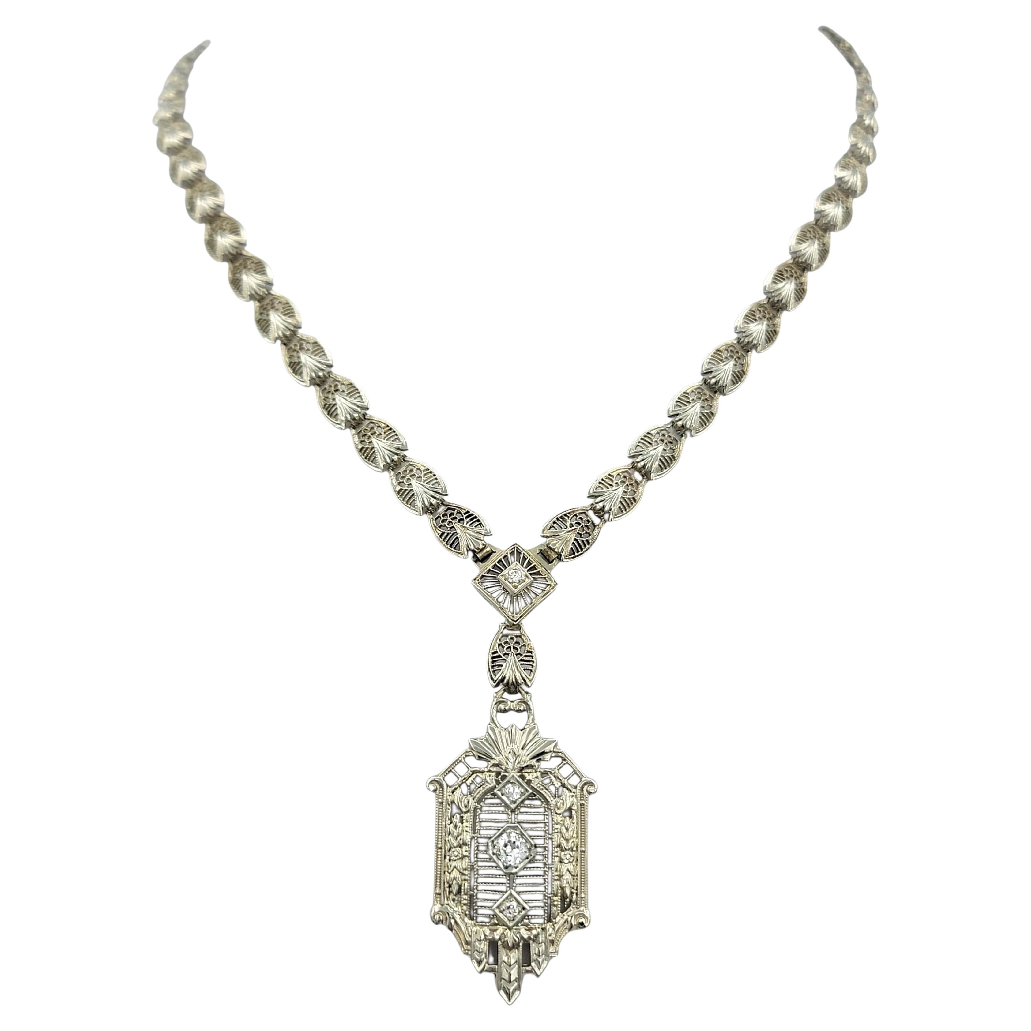 Vintage Diamond Ornate Filigree Pendant Necklace in 14 Karat White Gold For Sale