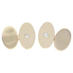Boutons de manchette ovales vintage en or jaune 14 carats avec diamants taille européenne de 0,40 carat