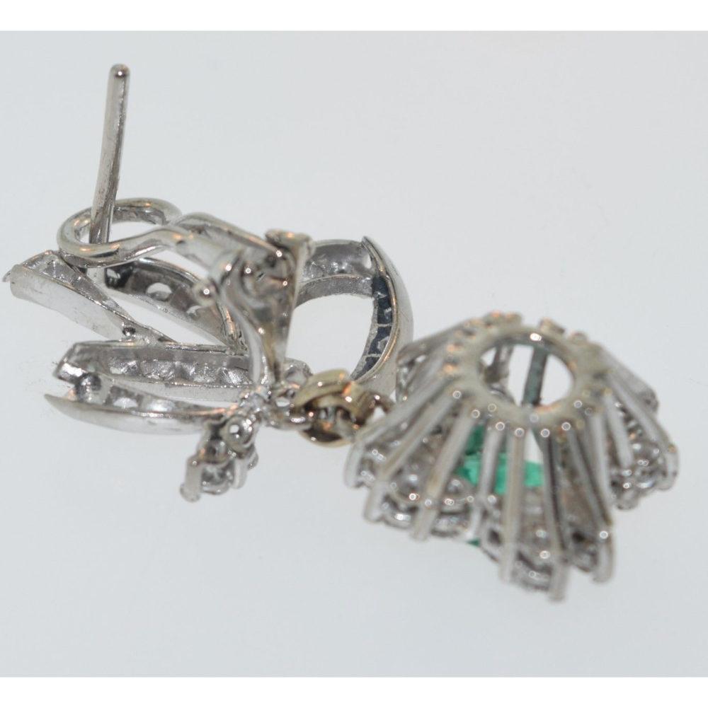 Women's or Men's Vintage Diamond Palladium Drop Emerald Earrings