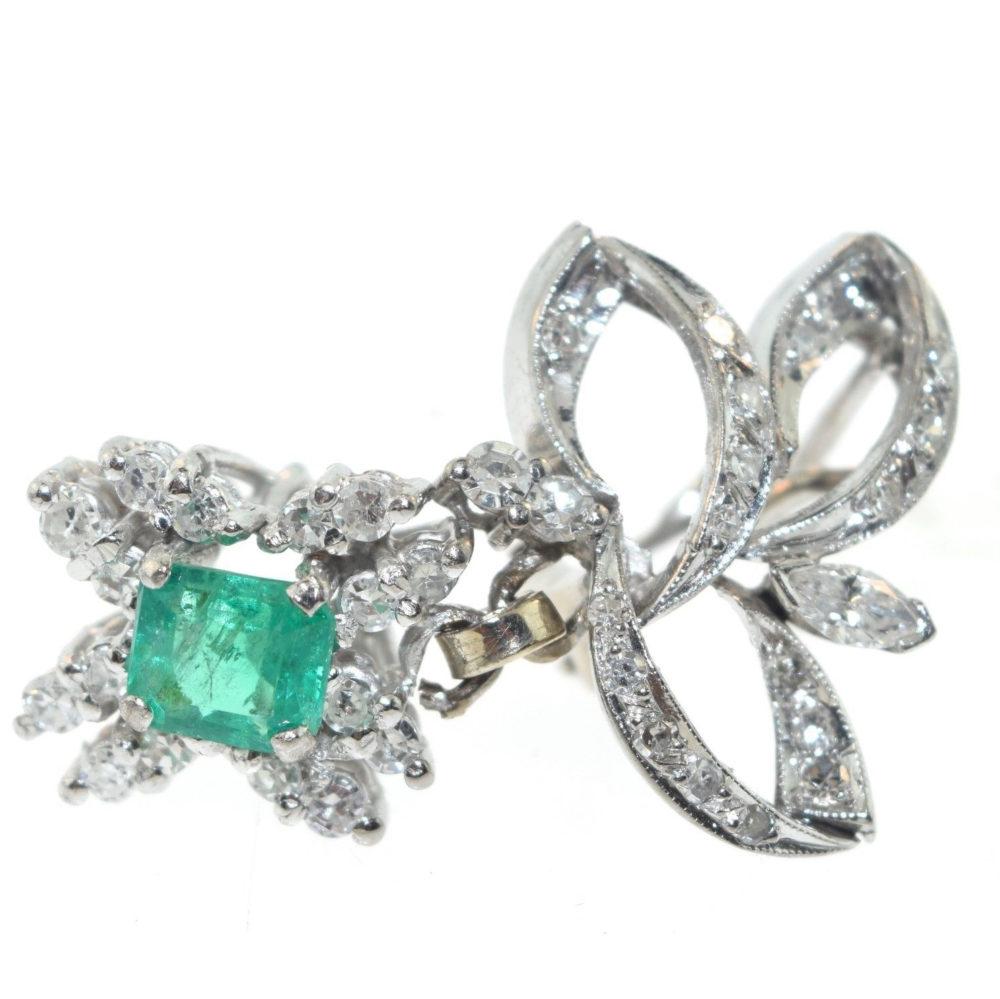 Vintage Diamond Palladium Drop Emerald Earrings 1