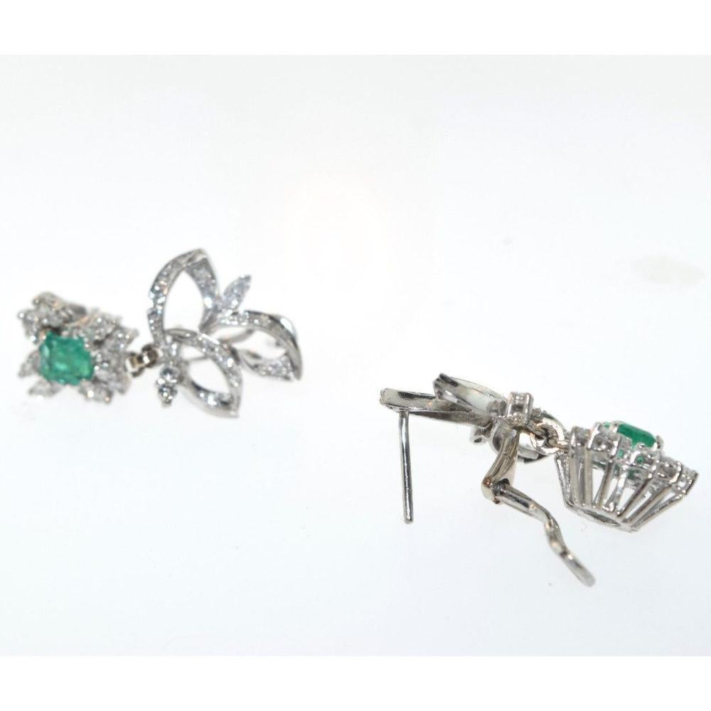 Vintage Diamond Palladium Drop Emerald Earrings 2