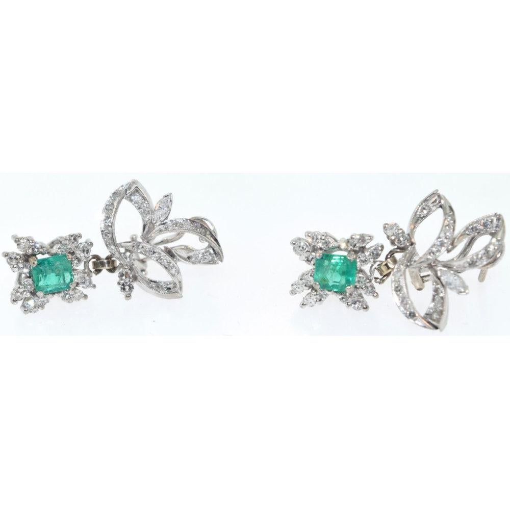 Vintage Diamond Palladium Drop Emerald Earrings 3