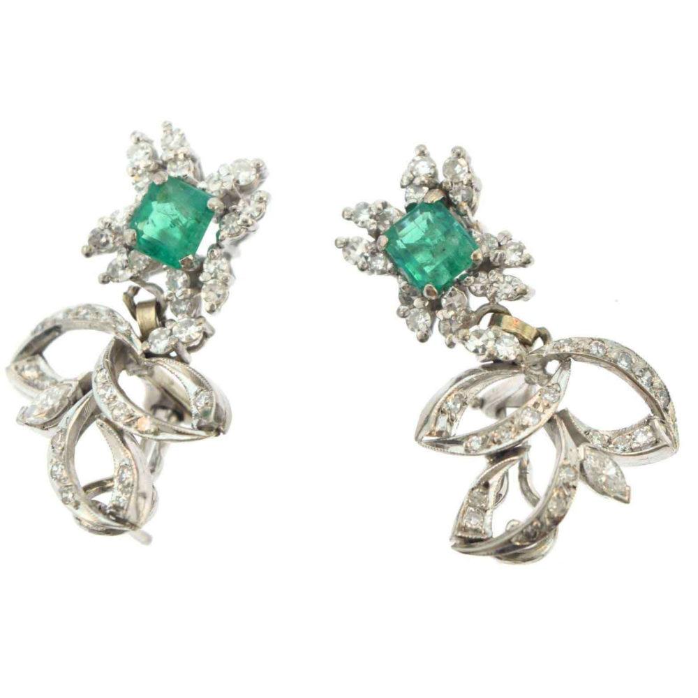 Vintage Diamond Palladium Drop Emerald Earrings 4