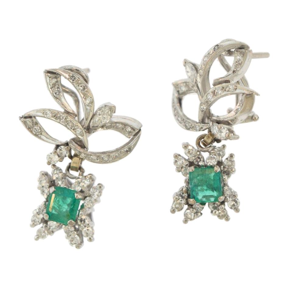 Vintage Diamond Palladium Drop Emerald Earrings