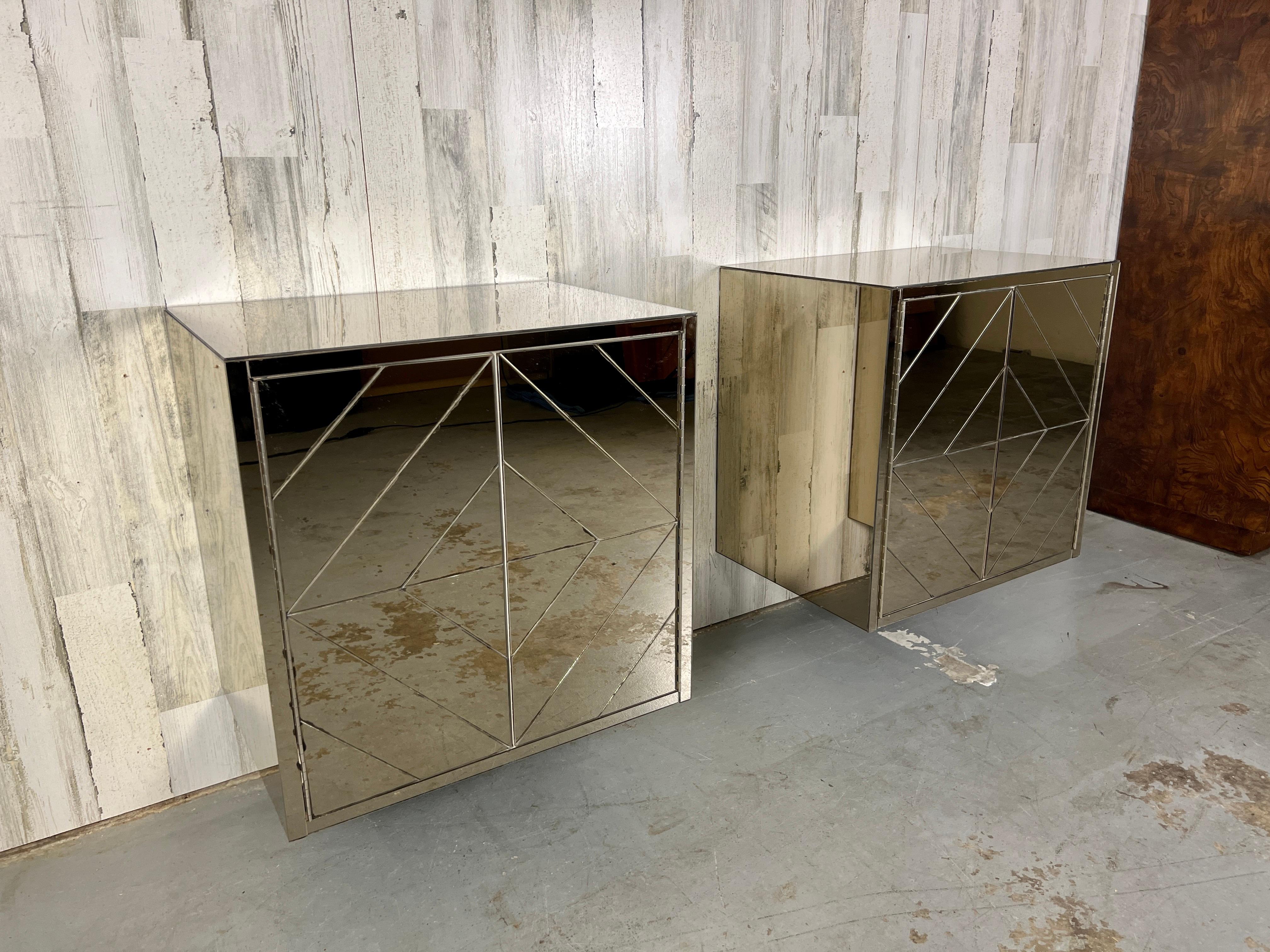 Vintage Diamond Pattern Bronze Mirrored Floating Night Stands For Sale