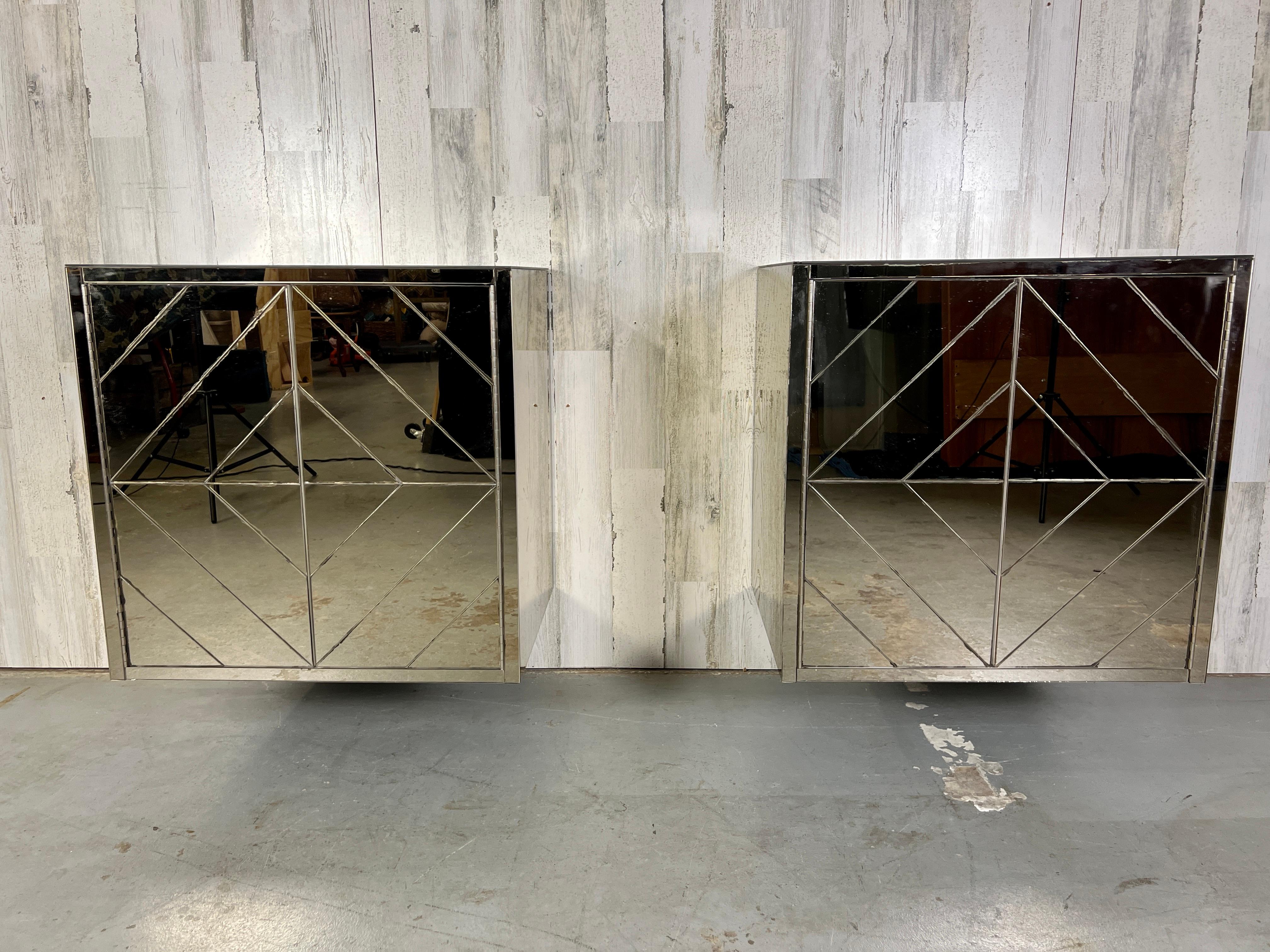 Vintage Diamond Pattern Bronze Mirrored Floating Night Stands For Sale