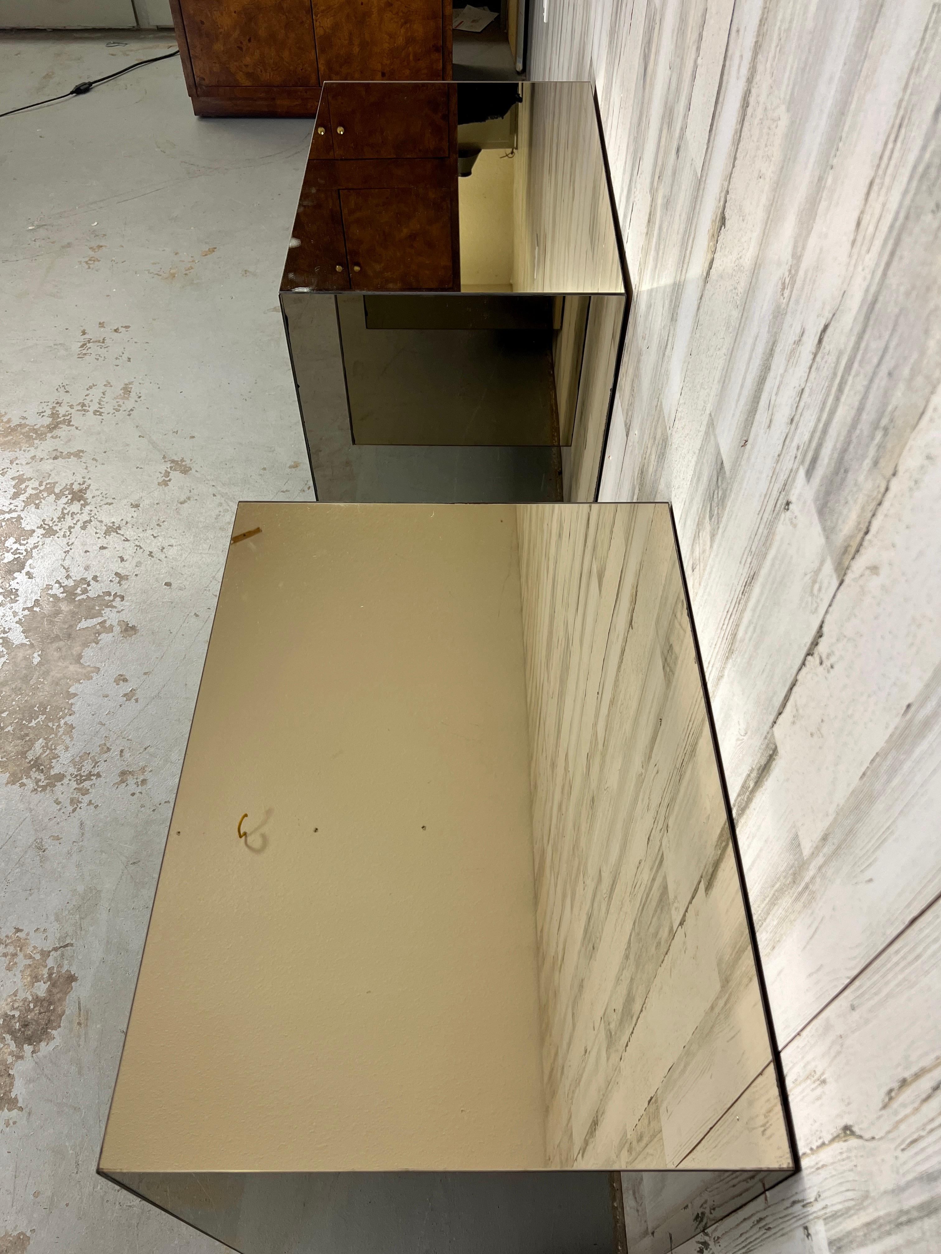 Vintage Diamond Pattern Bronze Mirrored Floating Night Stands For Sale