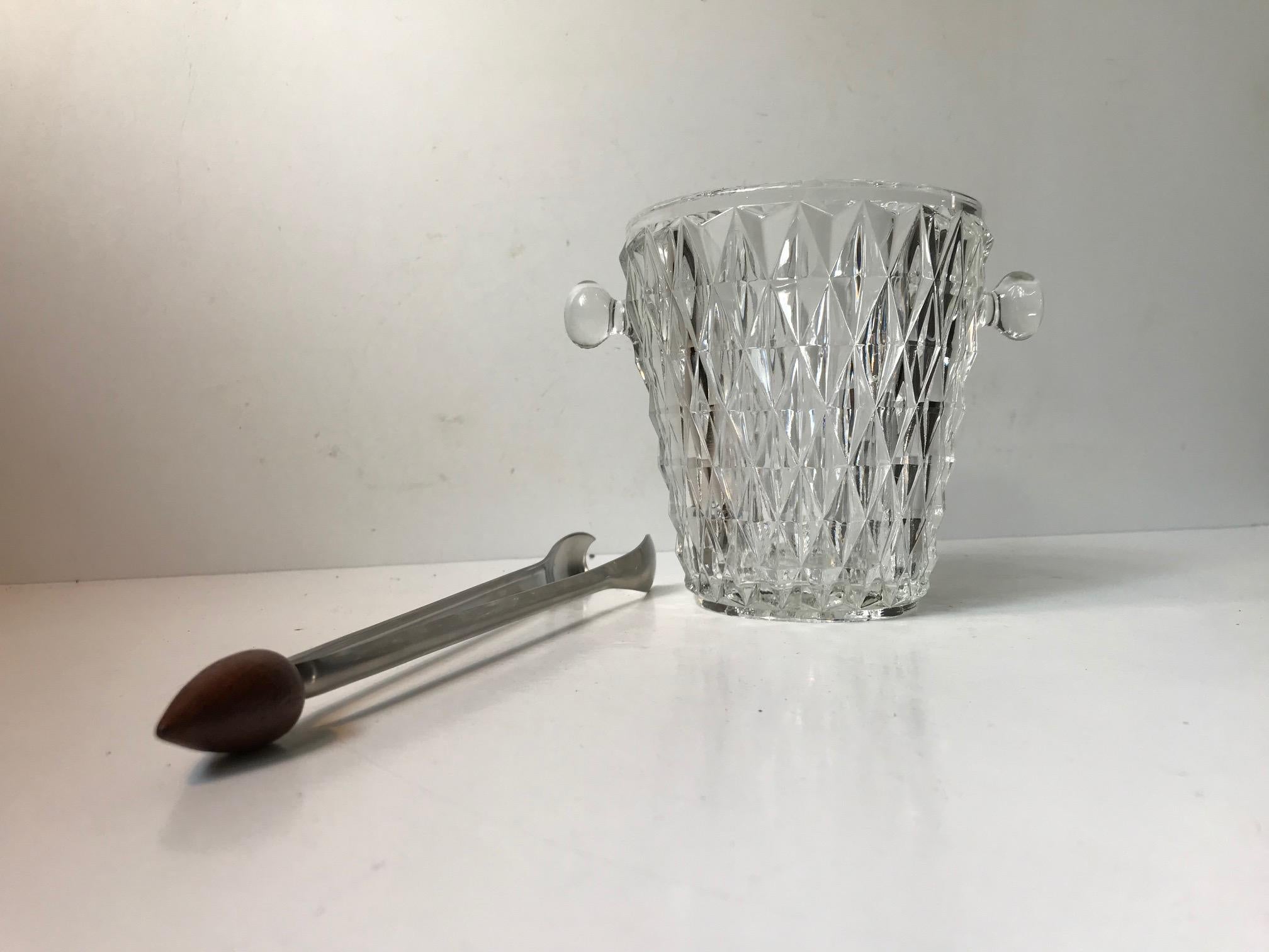 Mid-Century Modern Vintage Diamond Patterned Glass Ice Bucket and Teak Tong, Denmark, 1960s For Sale