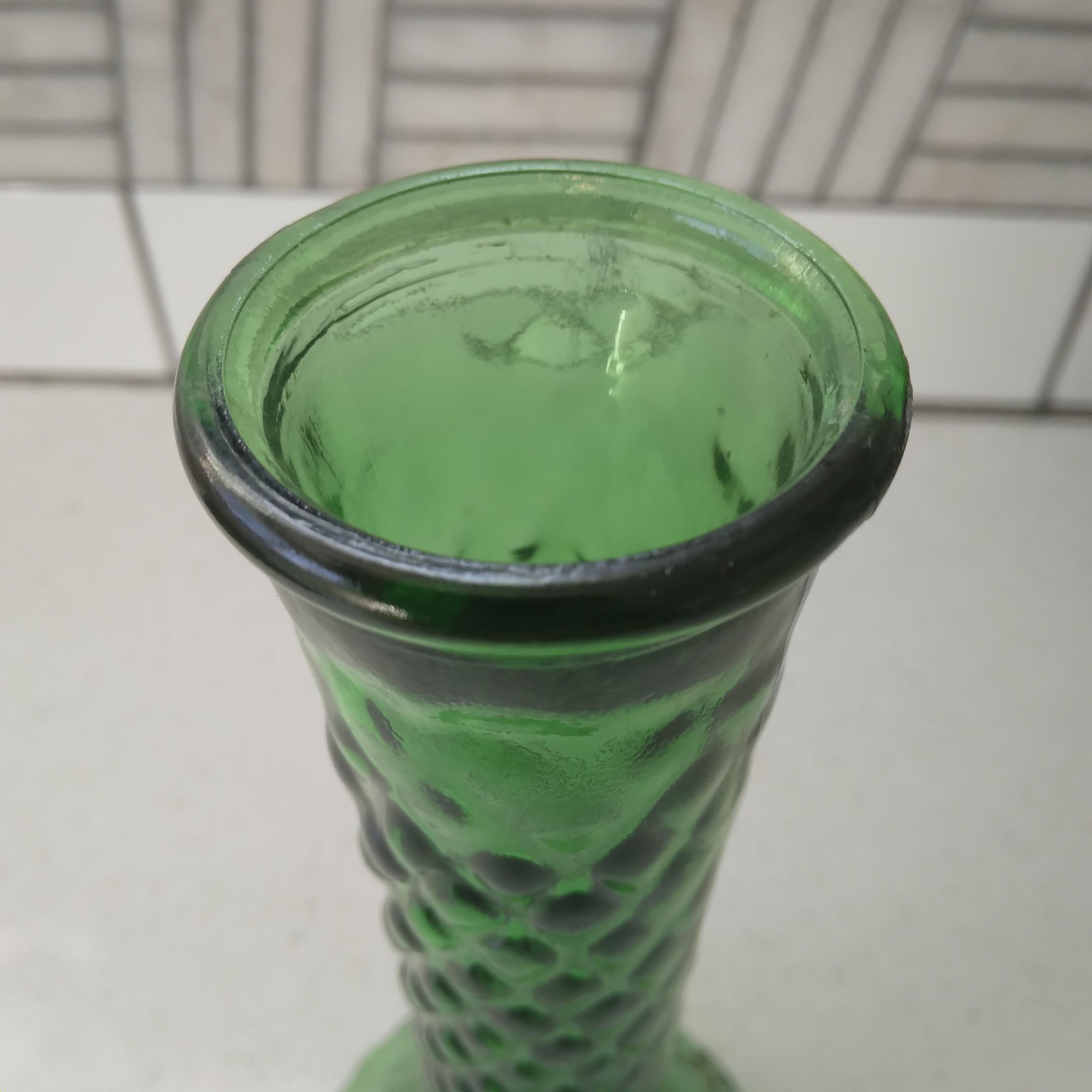 Vintage Diamond Patterned Green Glass Bud Vase For Sale 1