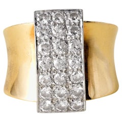 Anillo de cóctel modernista de oro bicolor de 14 quilates con pavé de diamantes vintage de banda ancha