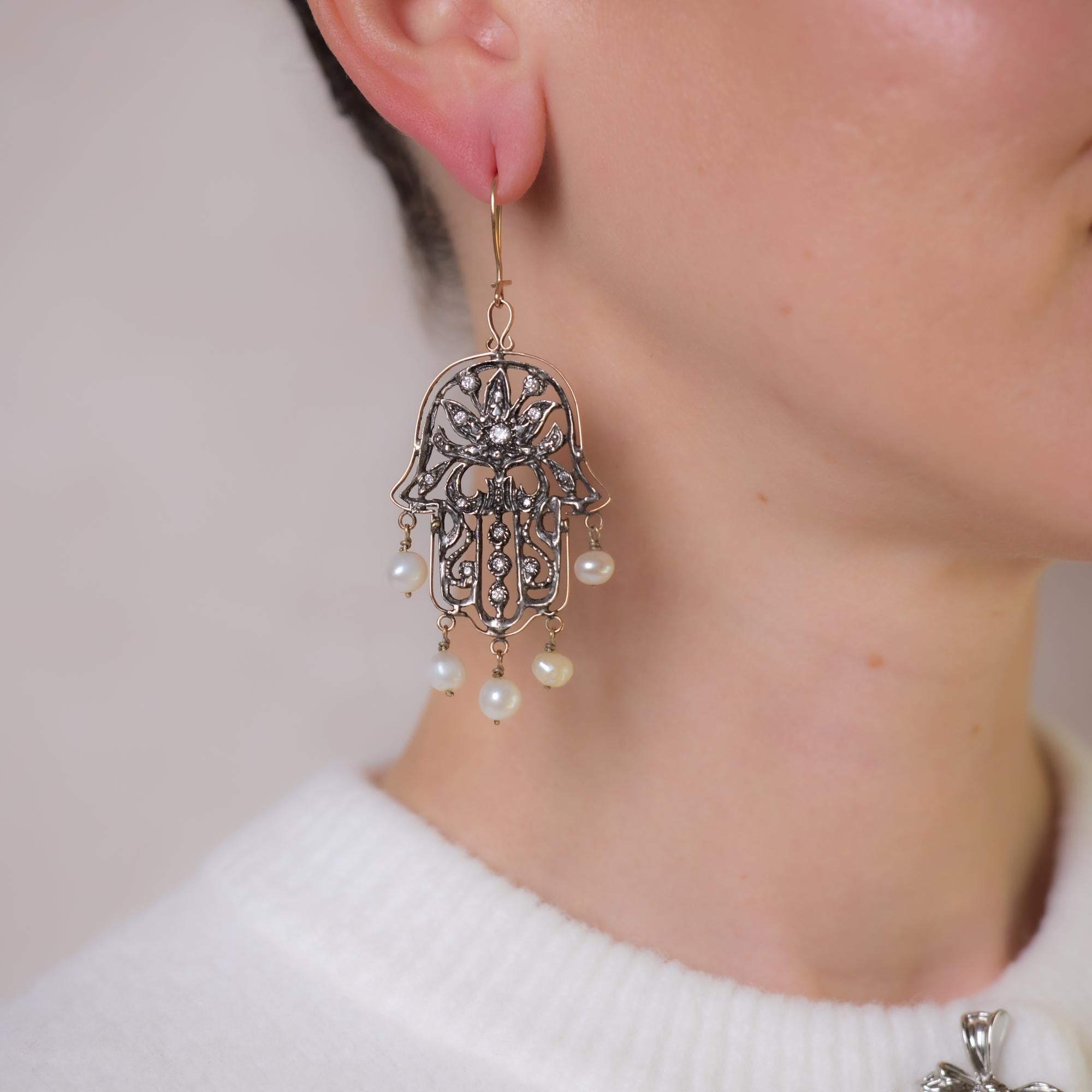 Brilliant Cut Vintage diamond pearl 10k rose gold and silver hamsa earrings For Sale