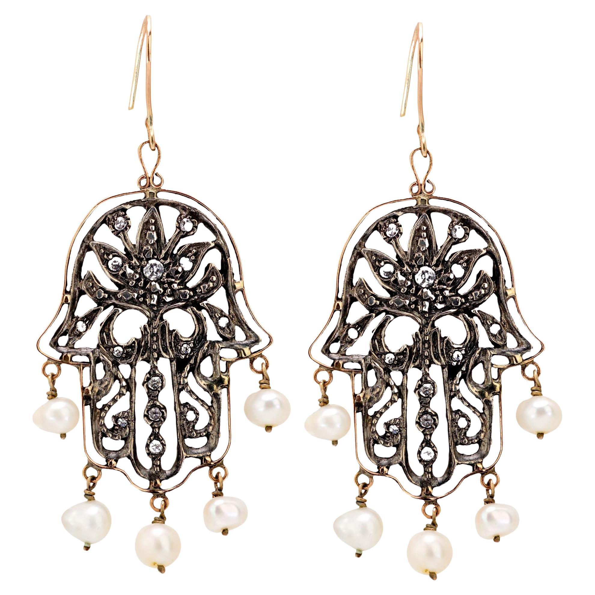Vintage diamond pearl 10k rose gold and silver hamsa earrings