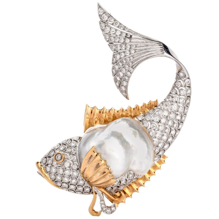 Vintage Diamond Pearl 18 Karat Two-Toned Fish Brooch Pin at 1stDibs