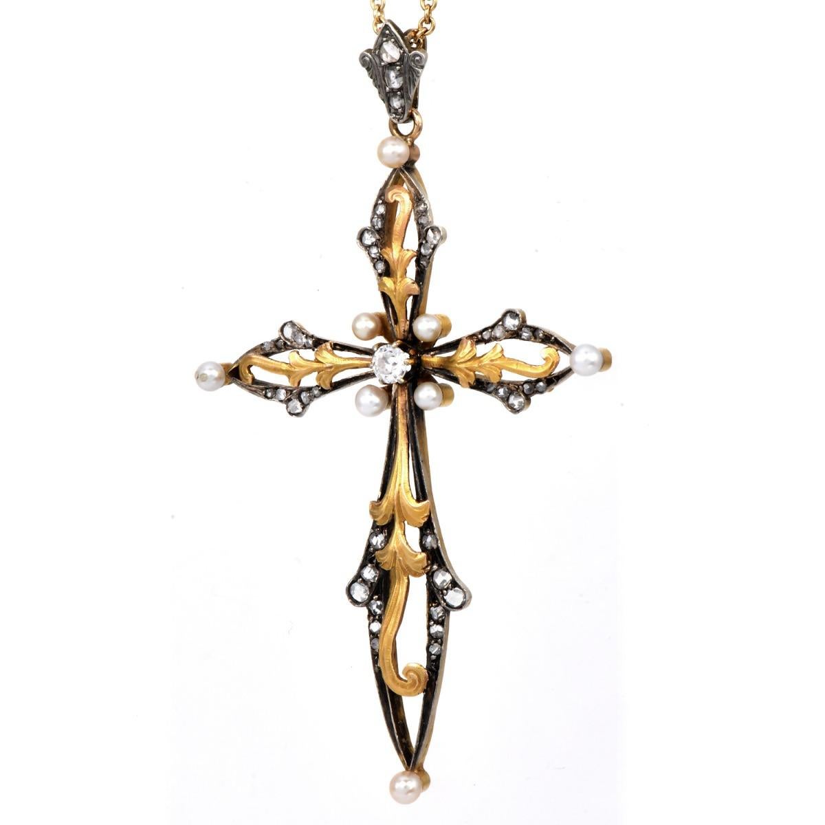 Rétro Diamante d'epoca con perla in oro 18 carati e argento  Ciondolo a forma di croce in vendita