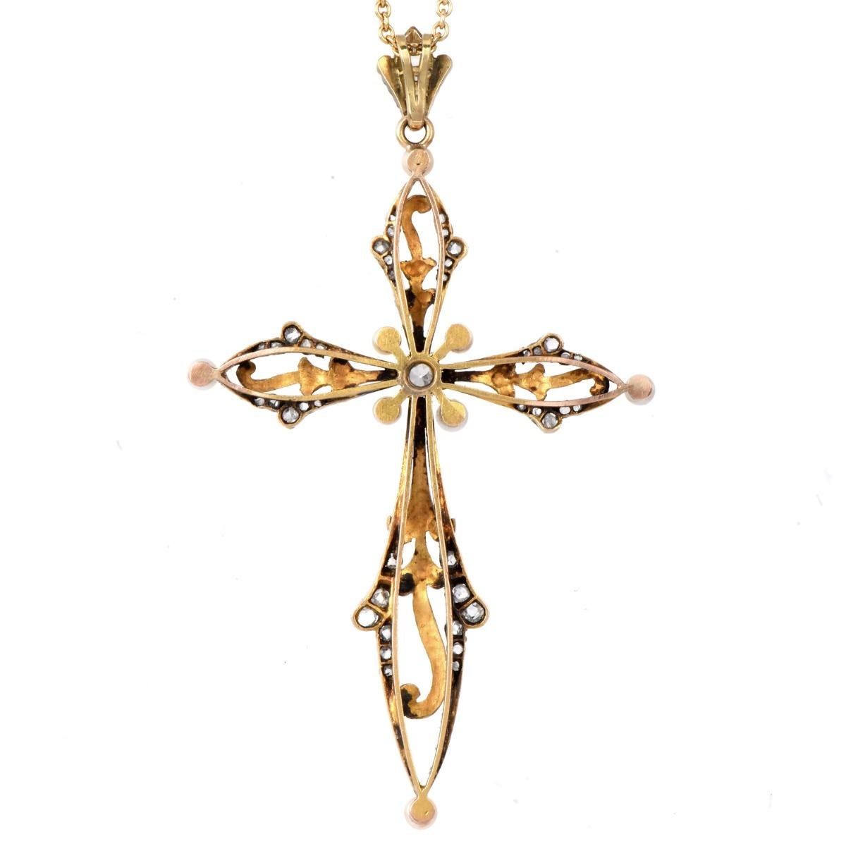 Diamante d'epoca con perla in oro 18 carati e argento  Ciondolo a forma di croce In condizioni ottime in vendita a Miami, FL