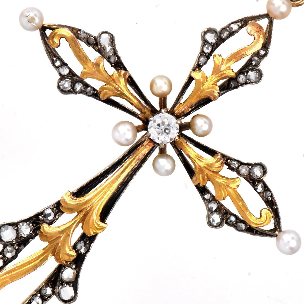 da uomo o donna Diamante d'epoca con perla in oro 18 carati e argento  Ciondolo a forma di croce in vendita