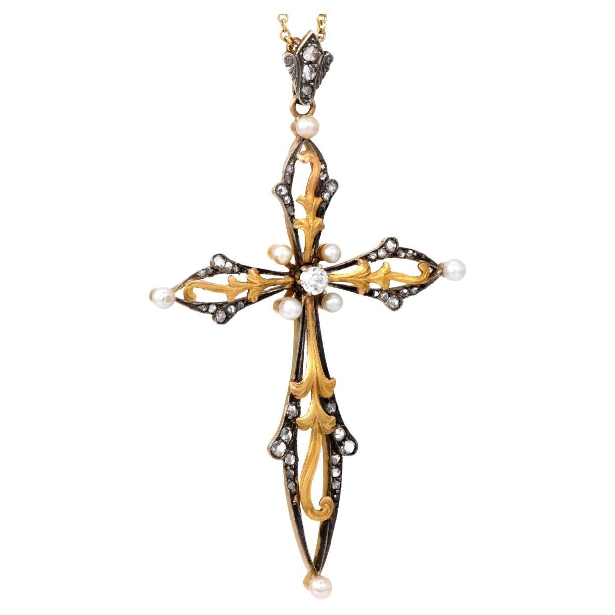 Vintage Diamante Perla Oro 18K Plata  Colgante Cruz