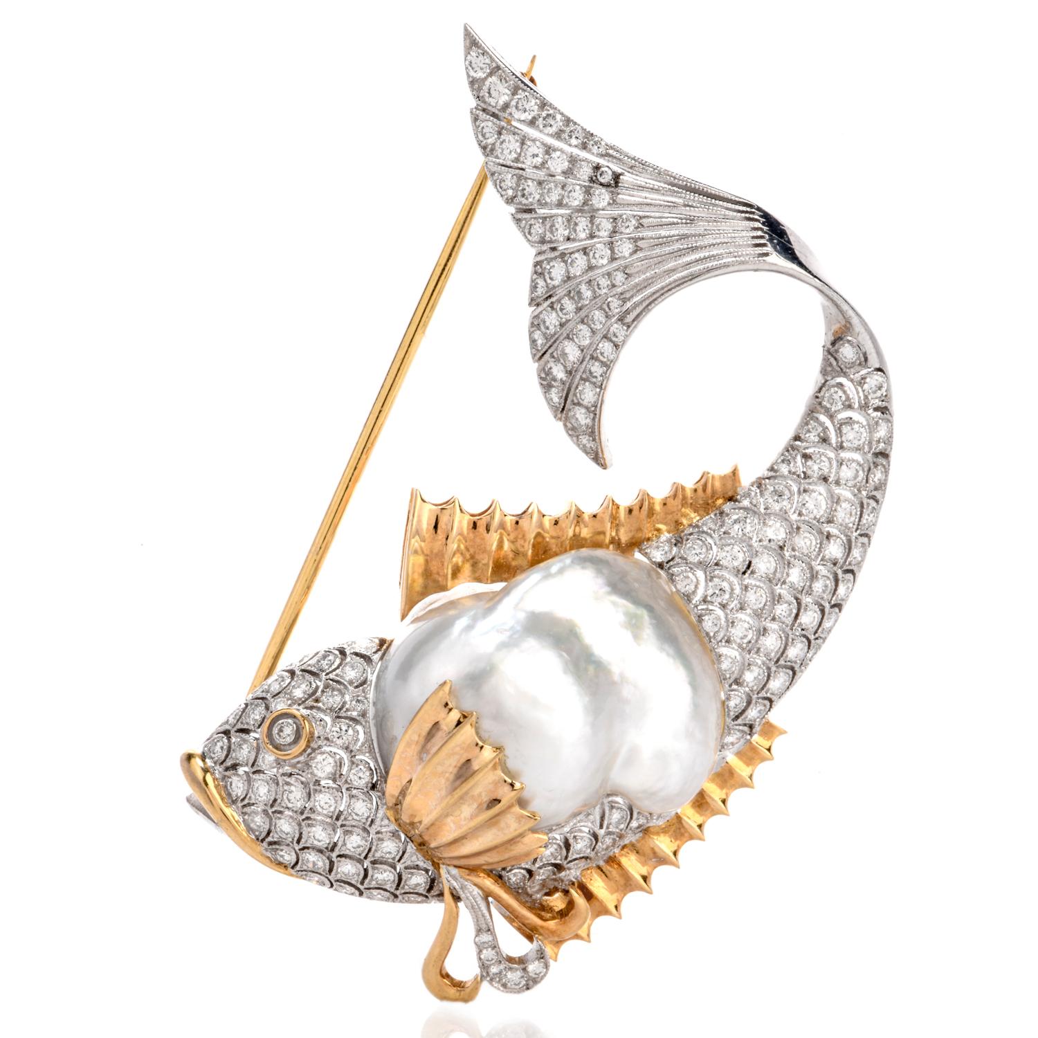 For the Love of the Sea!

Satisfy your Aquatic taste with this astounding Vintage Brooch.
Inspired in a large Fish motif and crafted in bold 18K two
toned yellow and white gold, this fish brooch measures appx. 62mm Wide x 41mm Tall.

The white gold