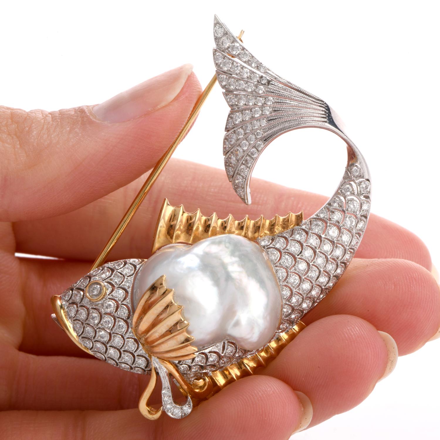 Round Cut Vintage Diamond Pearl 18 Karat Two-Toned Fish Brooch Pin