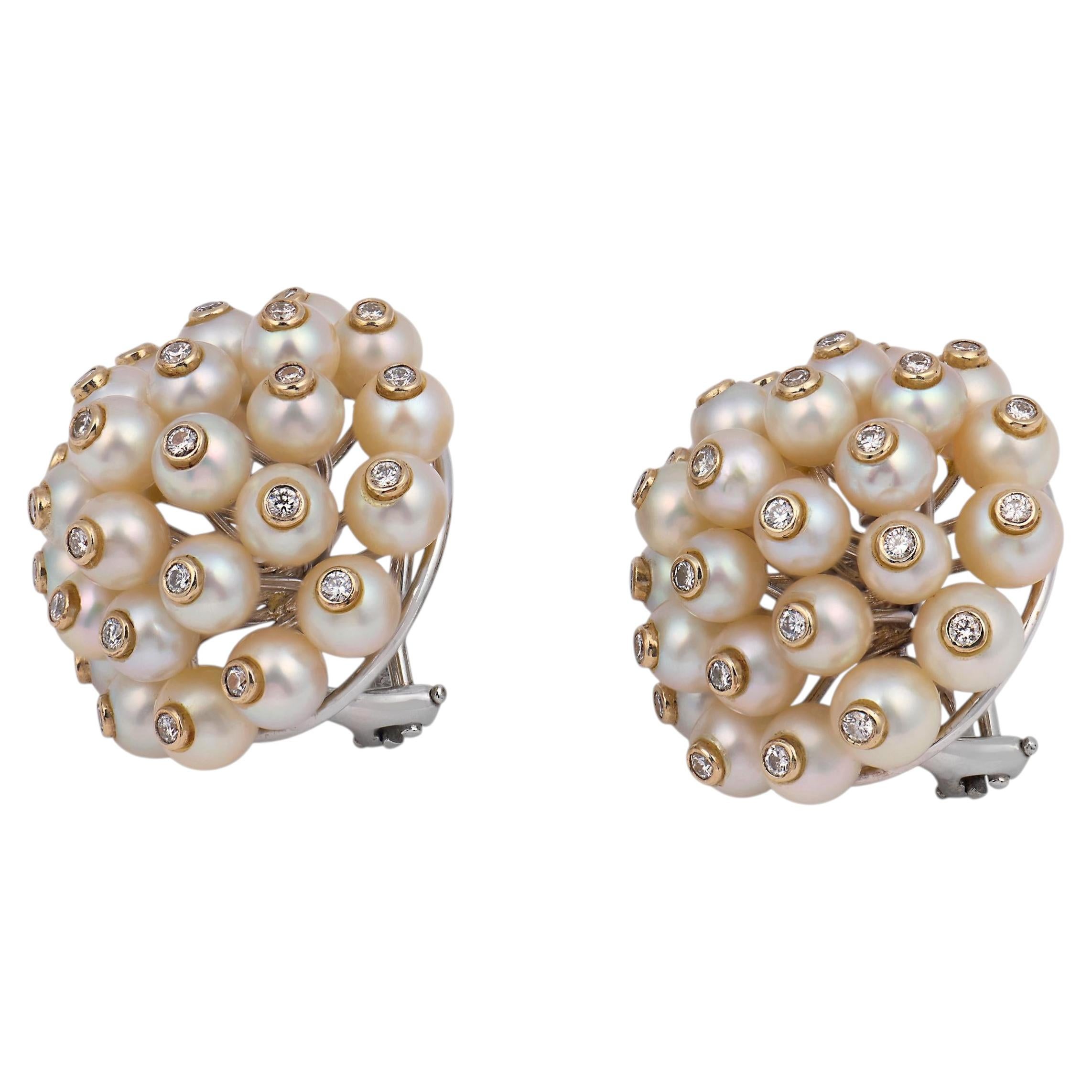 Vintage diamond pearl 18k white gold earrings For Sale