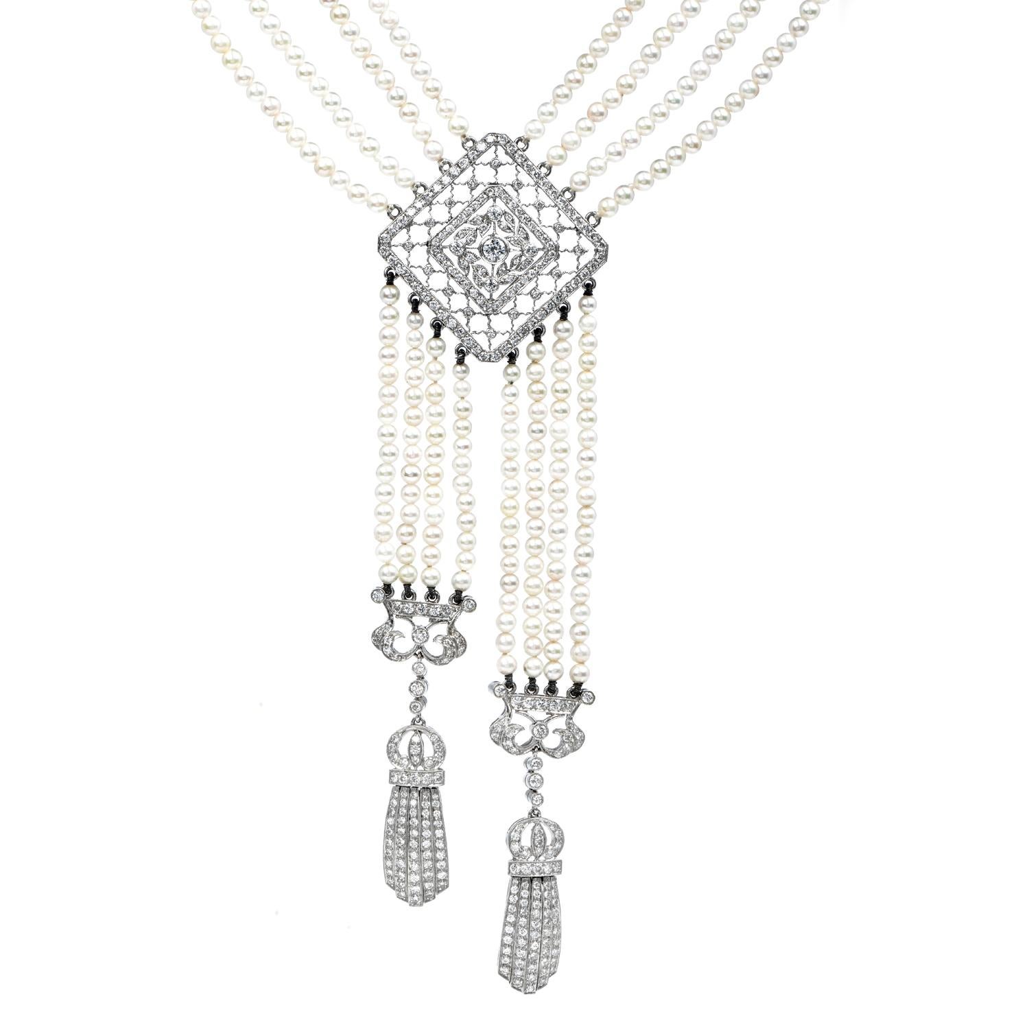 Retro Vintage Diamond Pearl 18k White Gold Filigree Tassel Dangle Drop Necklace For Sale