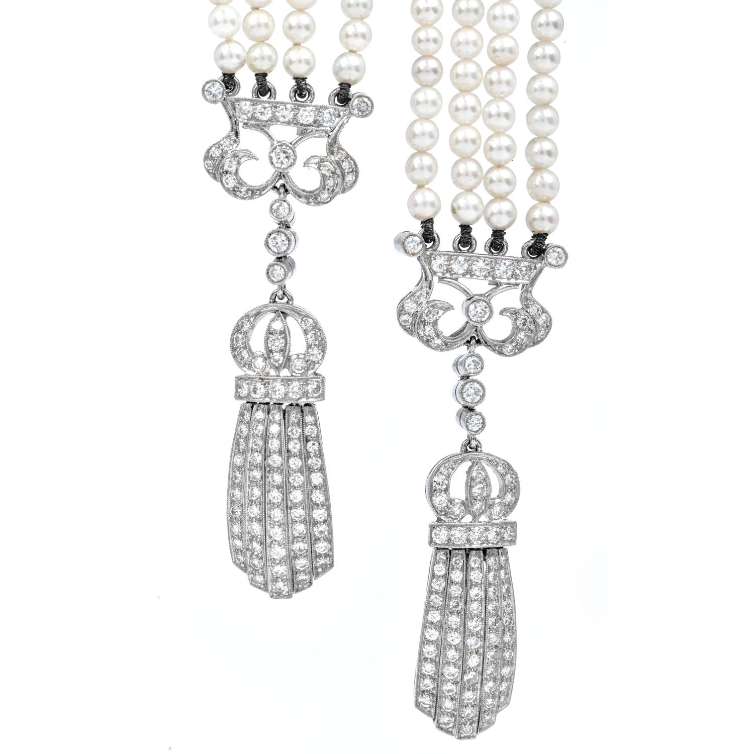 Round Cut Vintage Diamond Pearl 18k White Gold Filigree Tassel Dangle Drop Necklace For Sale