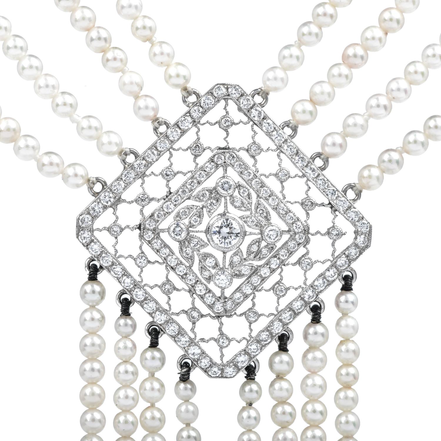 Vintage Diamond Pearl 18k White Gold Filigree Tassel Dangle Drop Necklace In Excellent Condition For Sale In Miami, FL