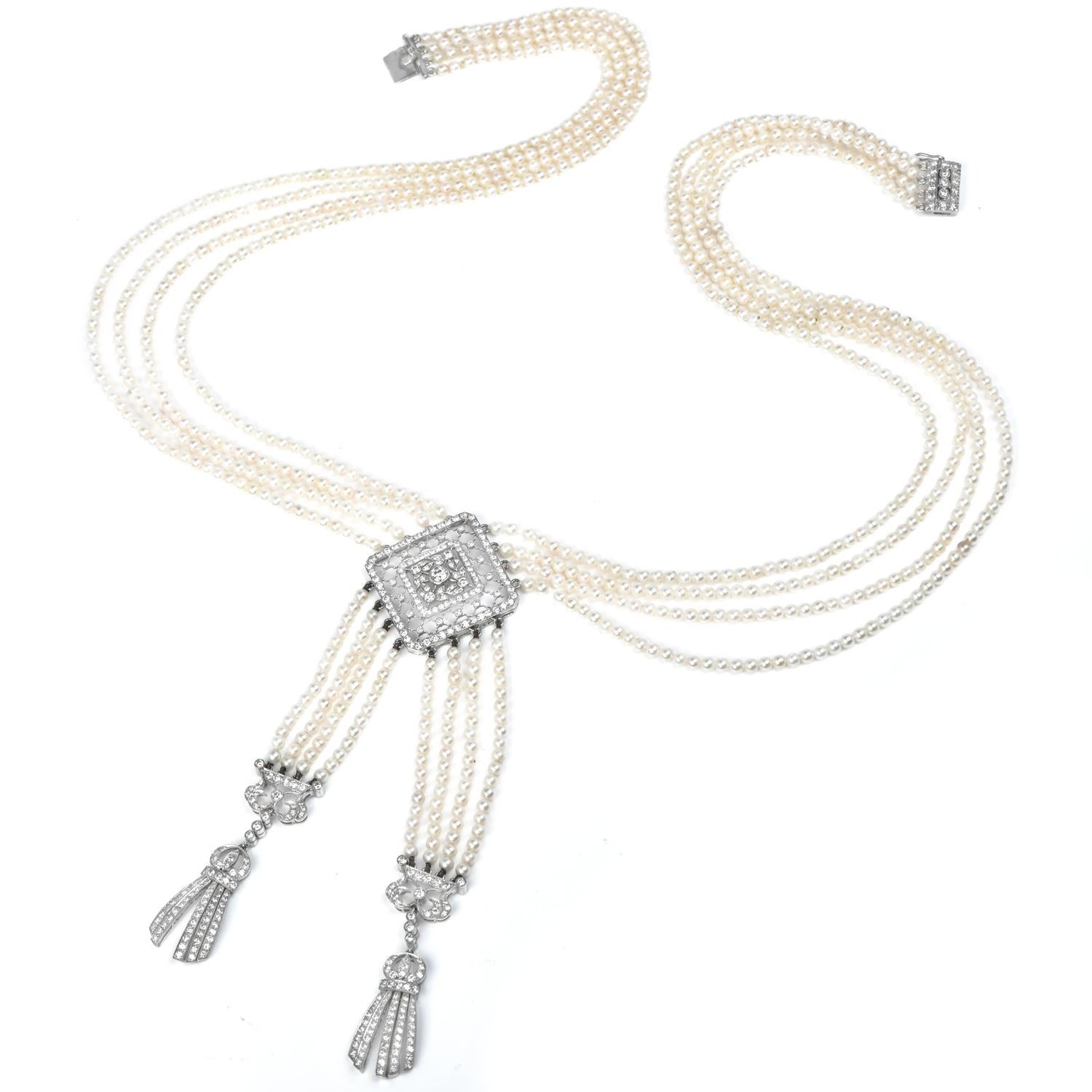 filigrane Vintage Diamant-Perlen-Halskette aus 18 Karat Weißgold mit Quaste Damen im Angebot